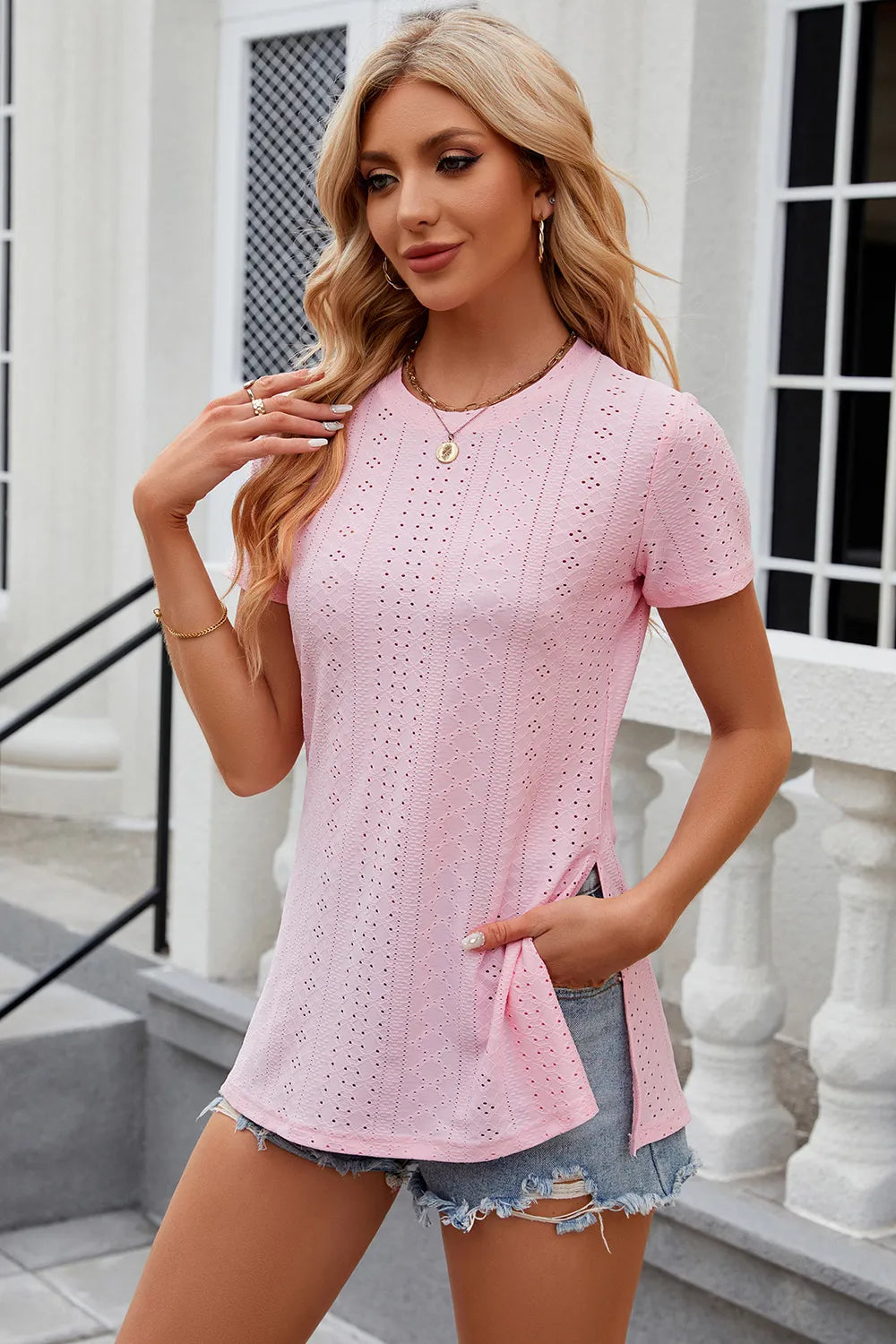 Eyelet Slit Round Neck Short Sleeve T-Shirt – Trendsi | ClozArt