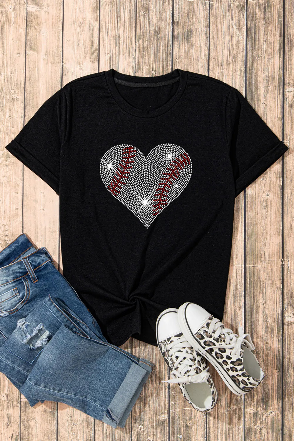 Rhinestone Heart Round Neck Short Sleeve T-Shirt – Trendsi | ClozArt