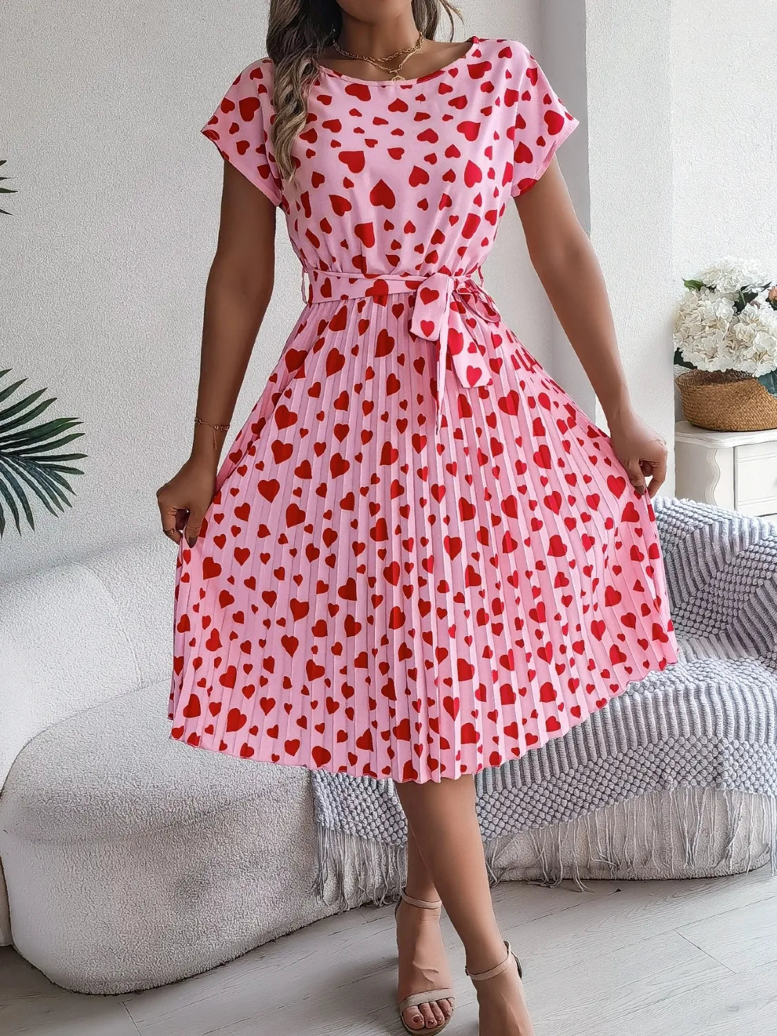 Heart Print Short Sleeve Tie Waist Dress – Trendsi | ClozArt