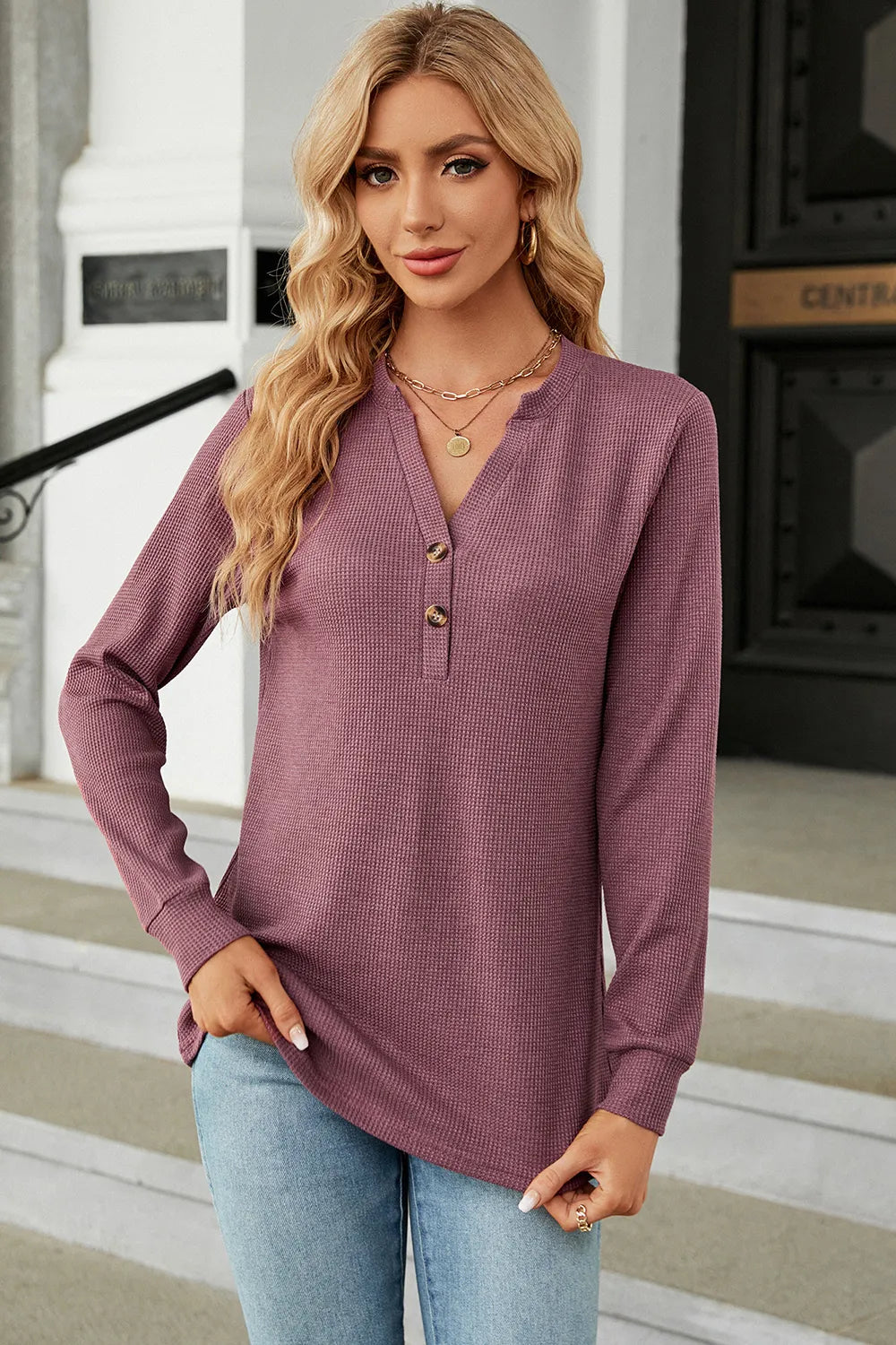 Waffle-Knit Notched Long Sleeve T-Shirt – Trendsi | ClozArt