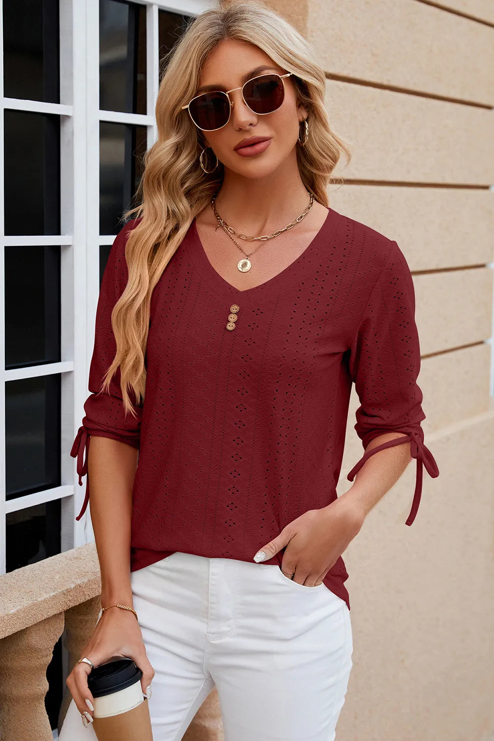Eyelet Drawstring V-Neck Half Sleeve T-Shirt – Trendsi | ClozArt