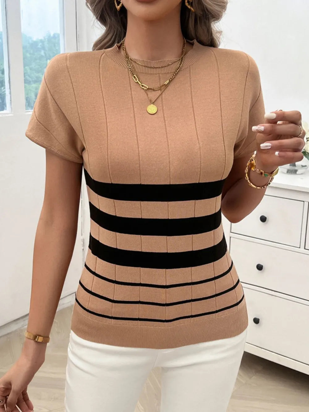 Devine Striped Round Neck Short Sleeve Knit Top – Trendsi | ClozArt