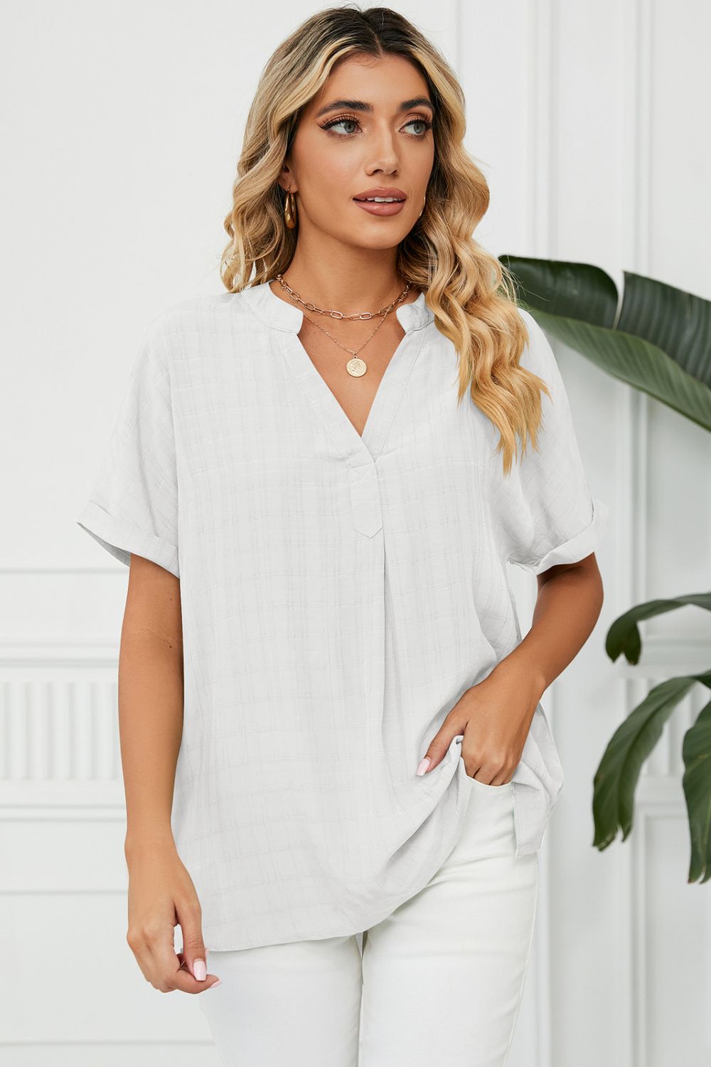 Side Slit Notched Neck Cuffed Short Sleeve Blouse – Trendsi | ClozArt