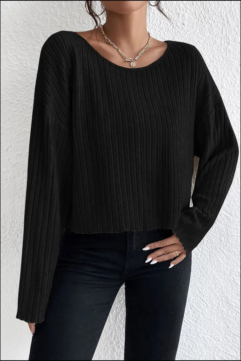 Ribbed Round Neck Drop Shoulder Long Sleeve Top – Trendsi | ClozArt