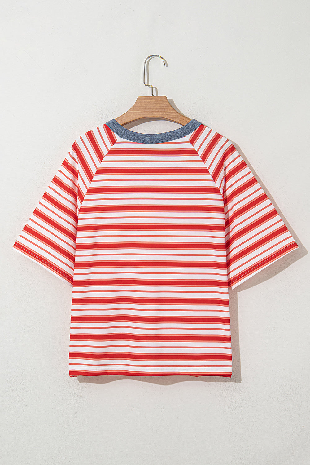 Tomato Red Striped Raglan Sleeve Contrast Neck T-Shirt – Shewin | ClozArt