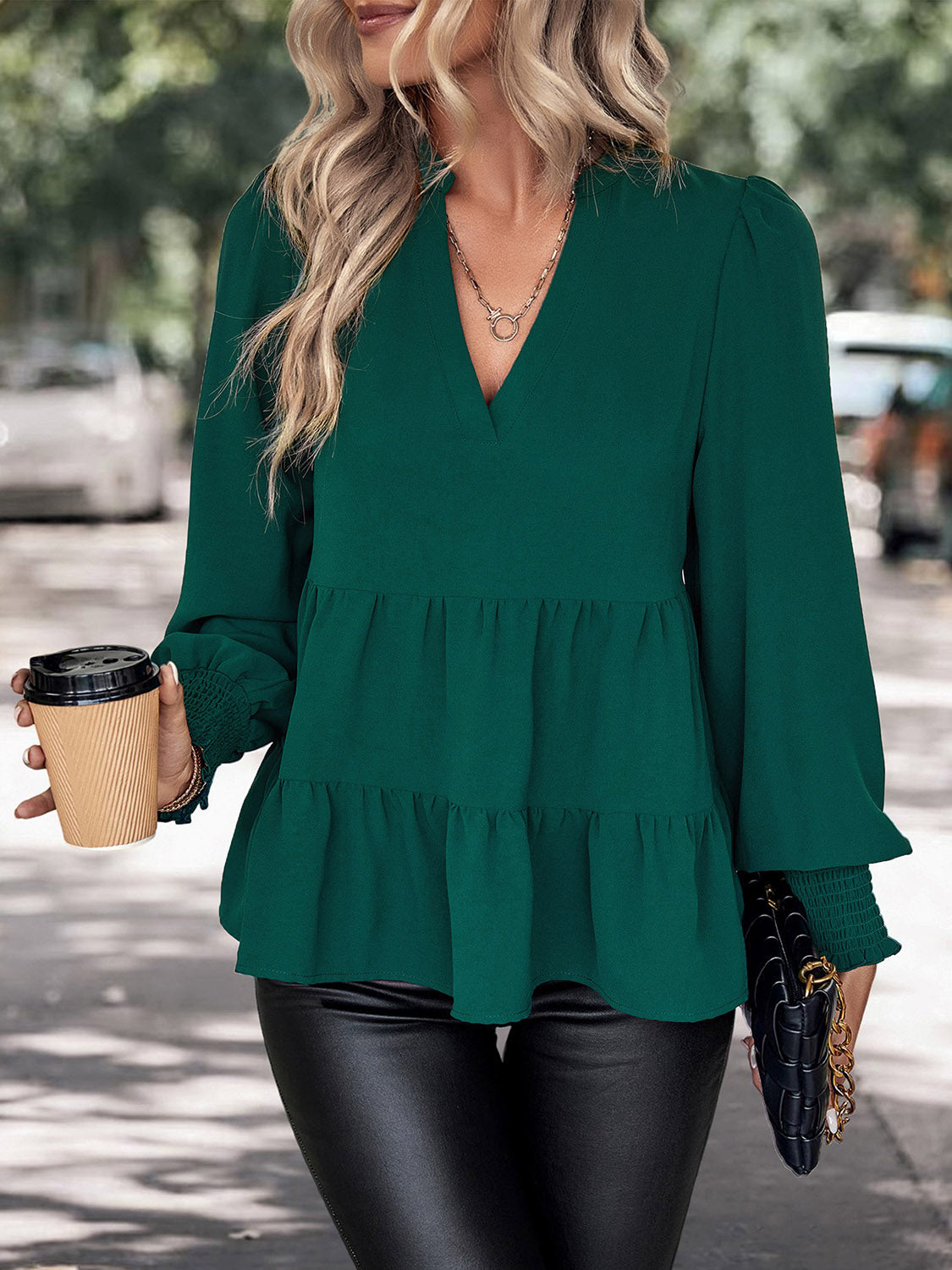 Perfee Notched Neck Lantern Sleeve Blouse – Trendsi | ClozArt