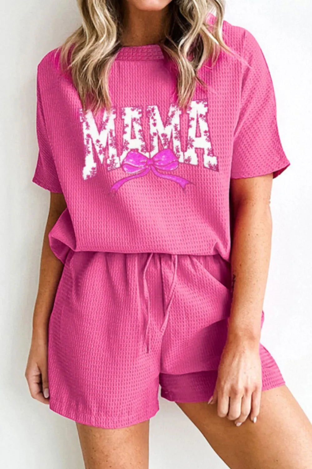 Waffle Sequin Floral MAMA Bow Graphic Top and Shorts Set – Trendsi | ClozArt
