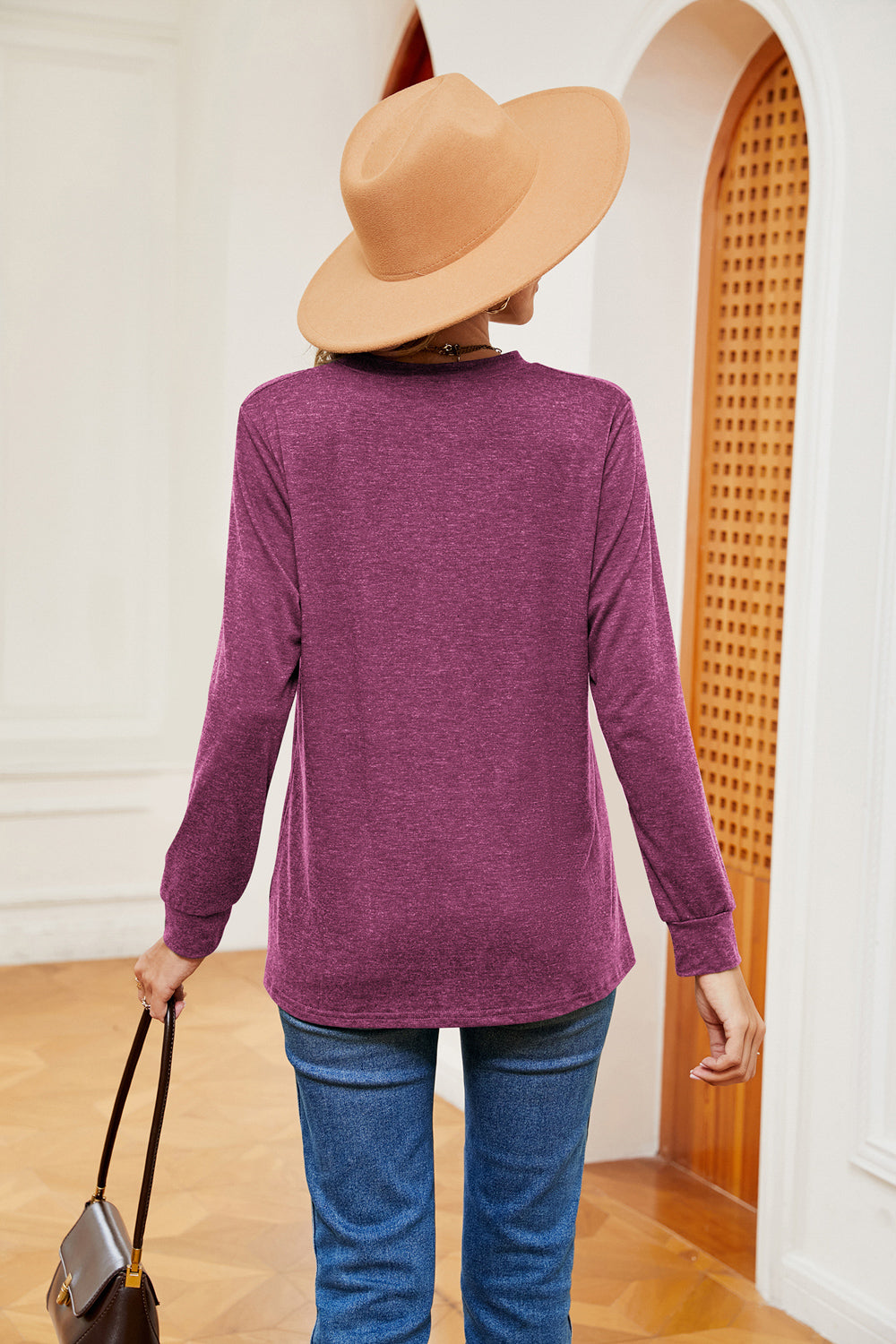 Buttoned Notched Neck Long Sleeve Top – Trendsi | ClozArt