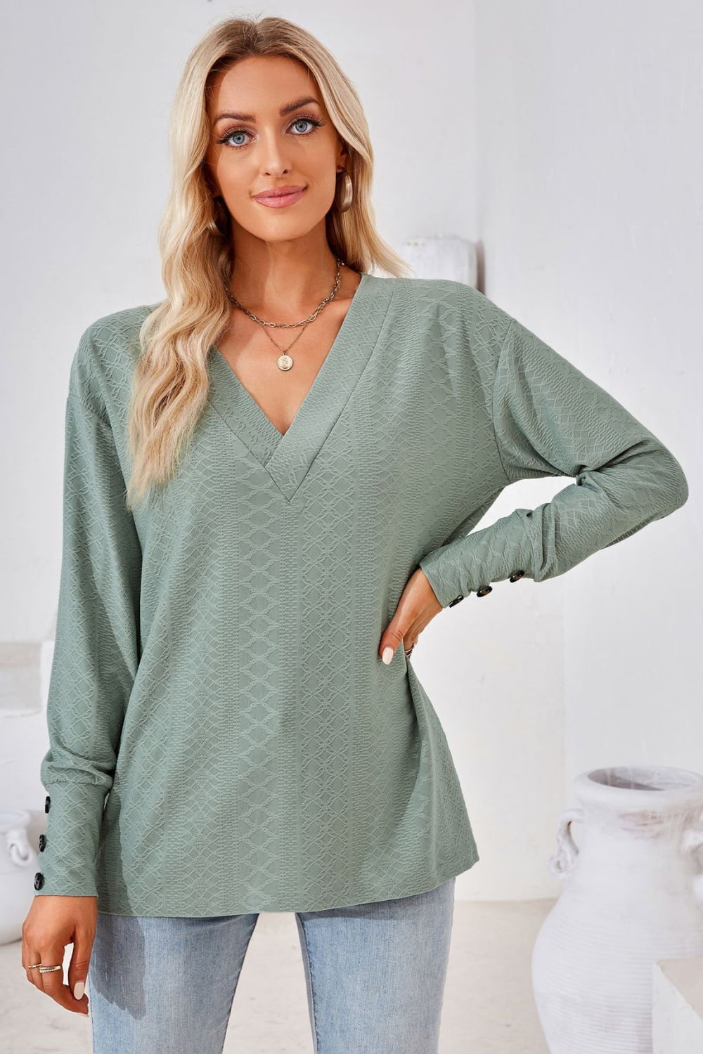 V-Neck Long Sleeve Blouse – Trendsi | ClozArt