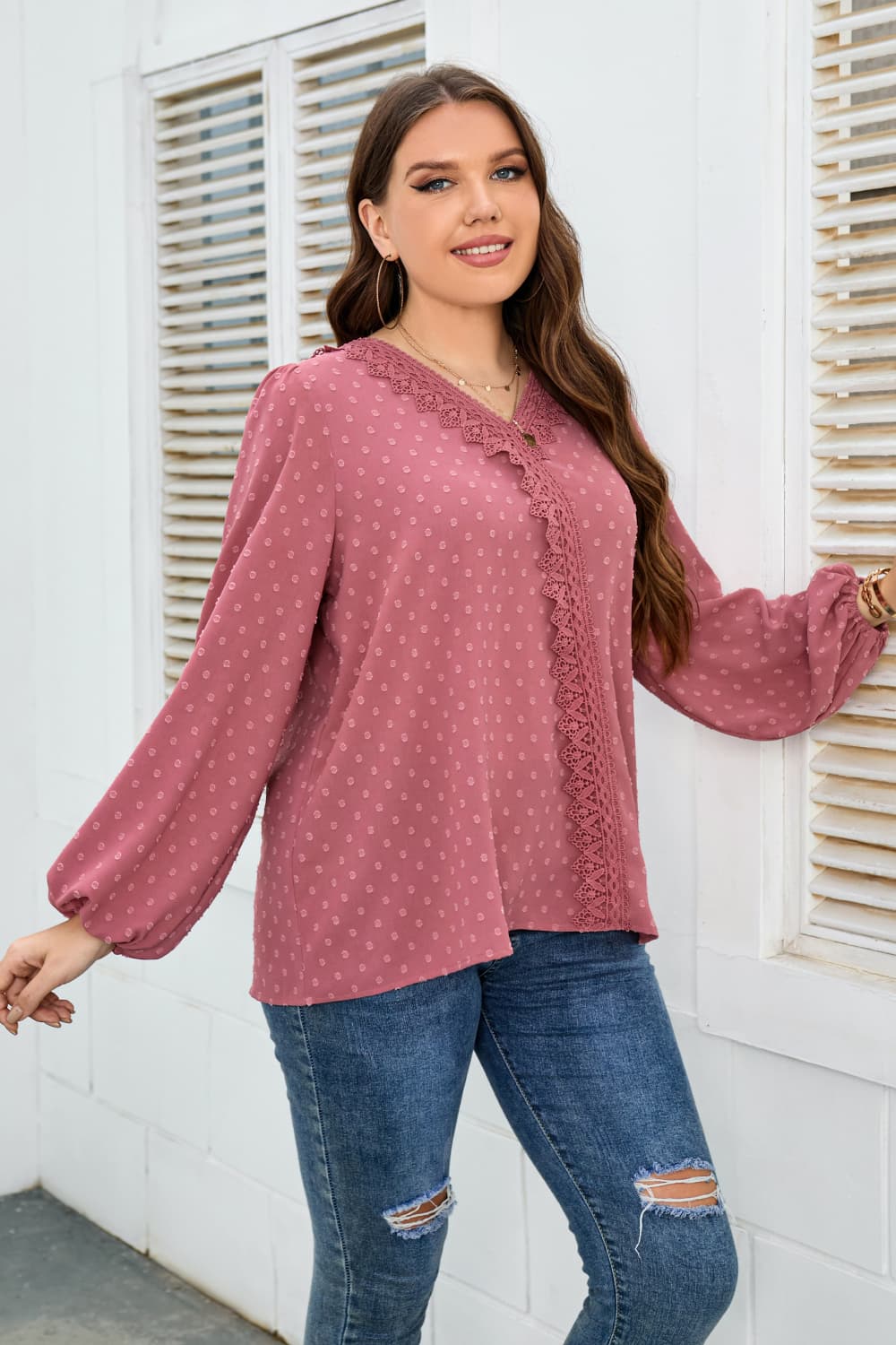 Honey Melo Apparel Plus Size Lace Trim V-Neck Balloon Sleeve Blouse – Trendsi | ClozArt