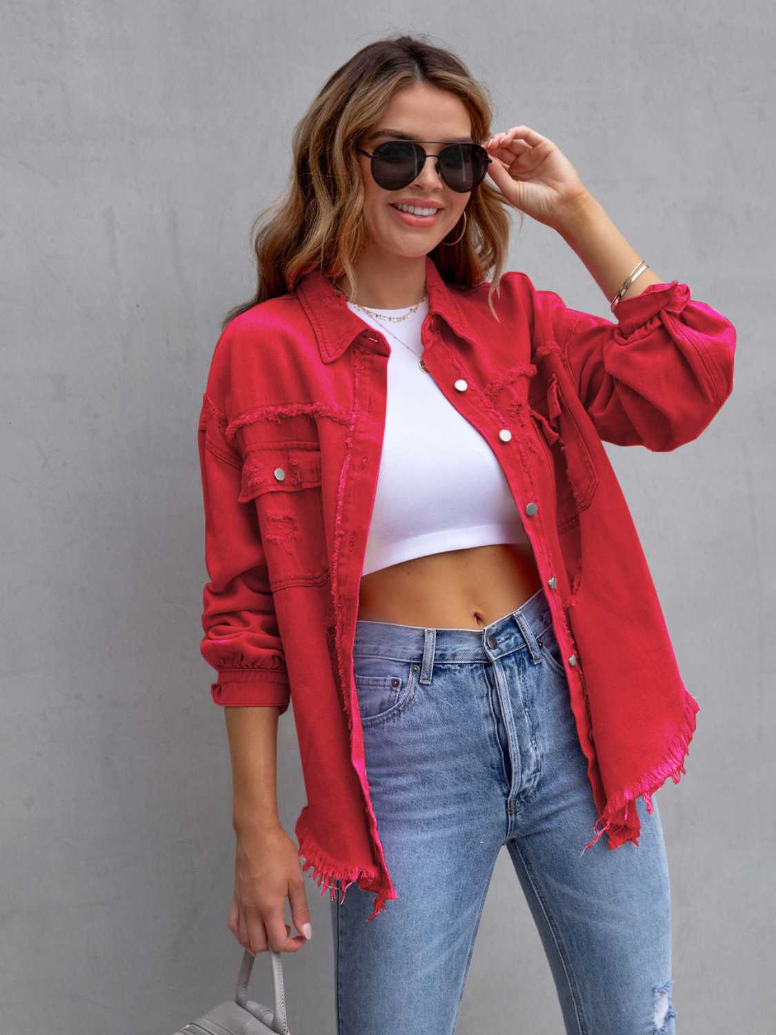 Distressed Drop Shoulder Denim Jacket – Trendsi | ClozArt