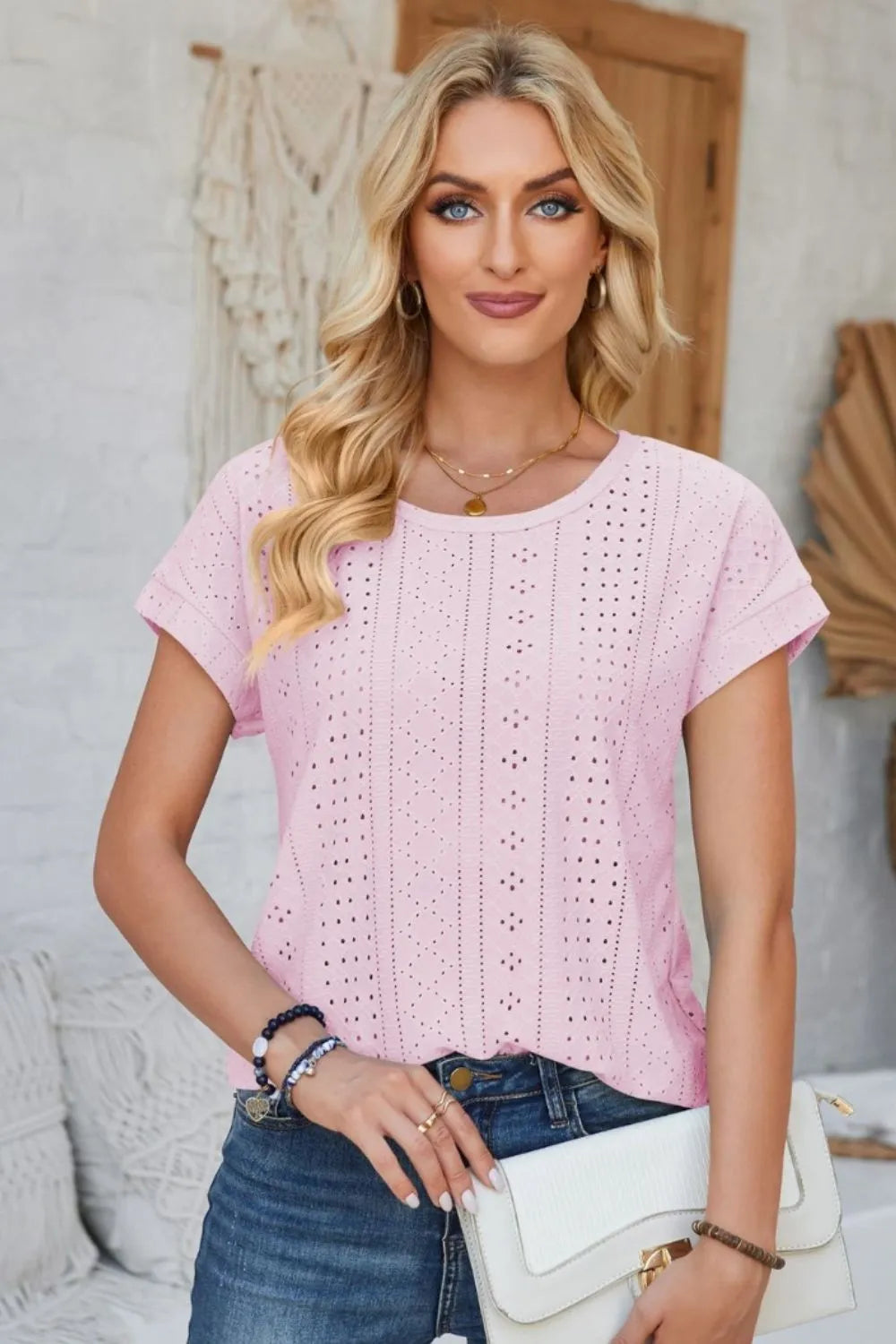 Eyelet Round Neck Rolled Short Sleeve T-Shirt – Trendsi | ClozArt