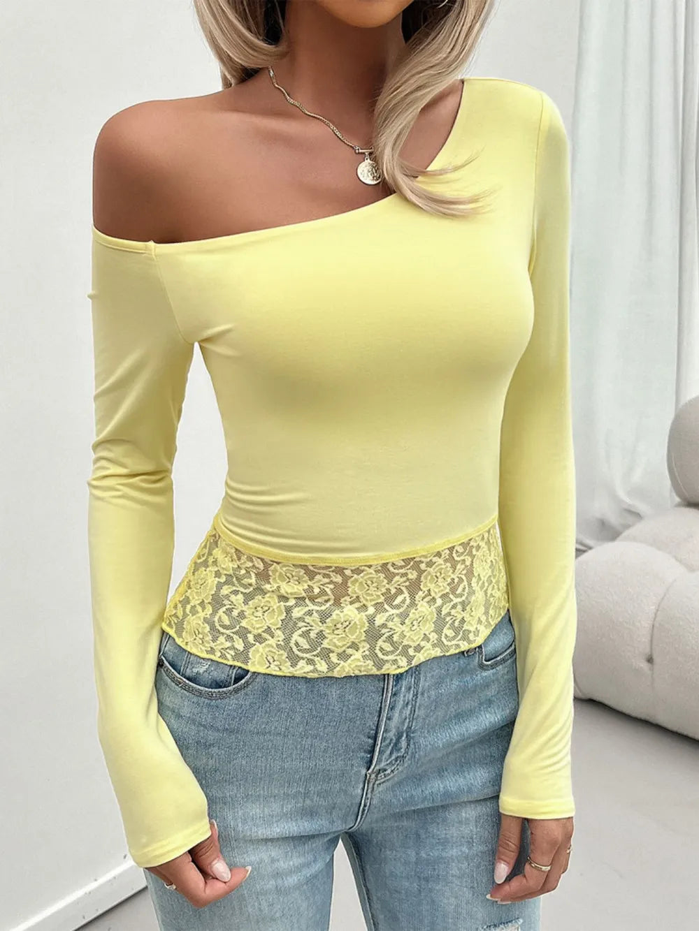 Devine Single Shoulder Long Sleeve Lace T-Shirt – Trendsi | ClozArt