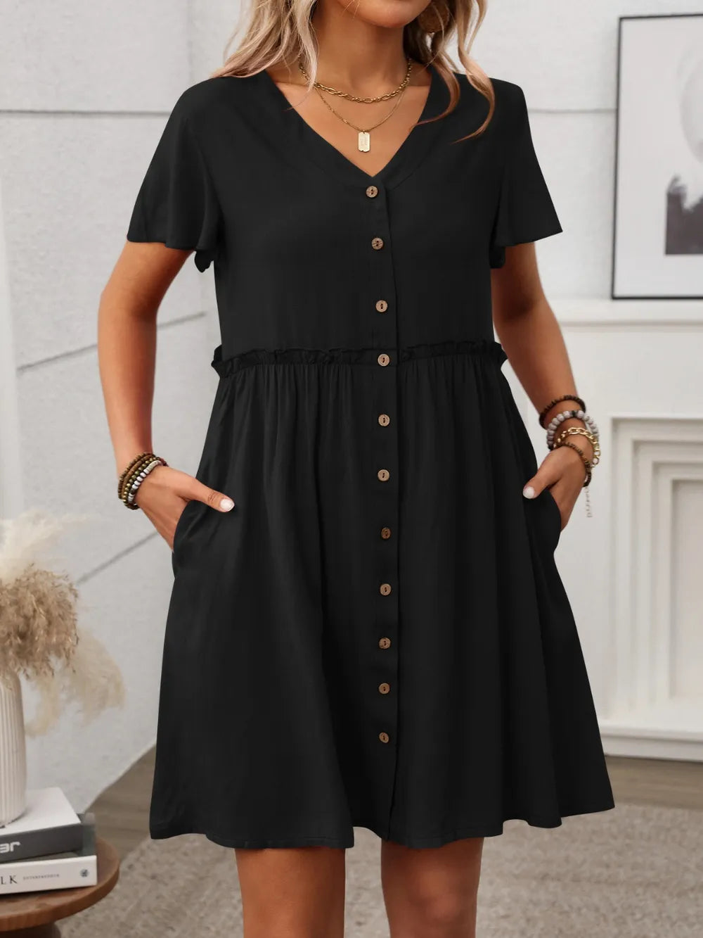 Button Front Flutter Sleeve Dress – Trendsi | ClozArt