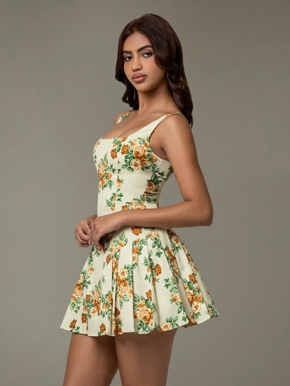 Floral Sleeveless Mini Pleated Dress – Trendsi | ClozArt