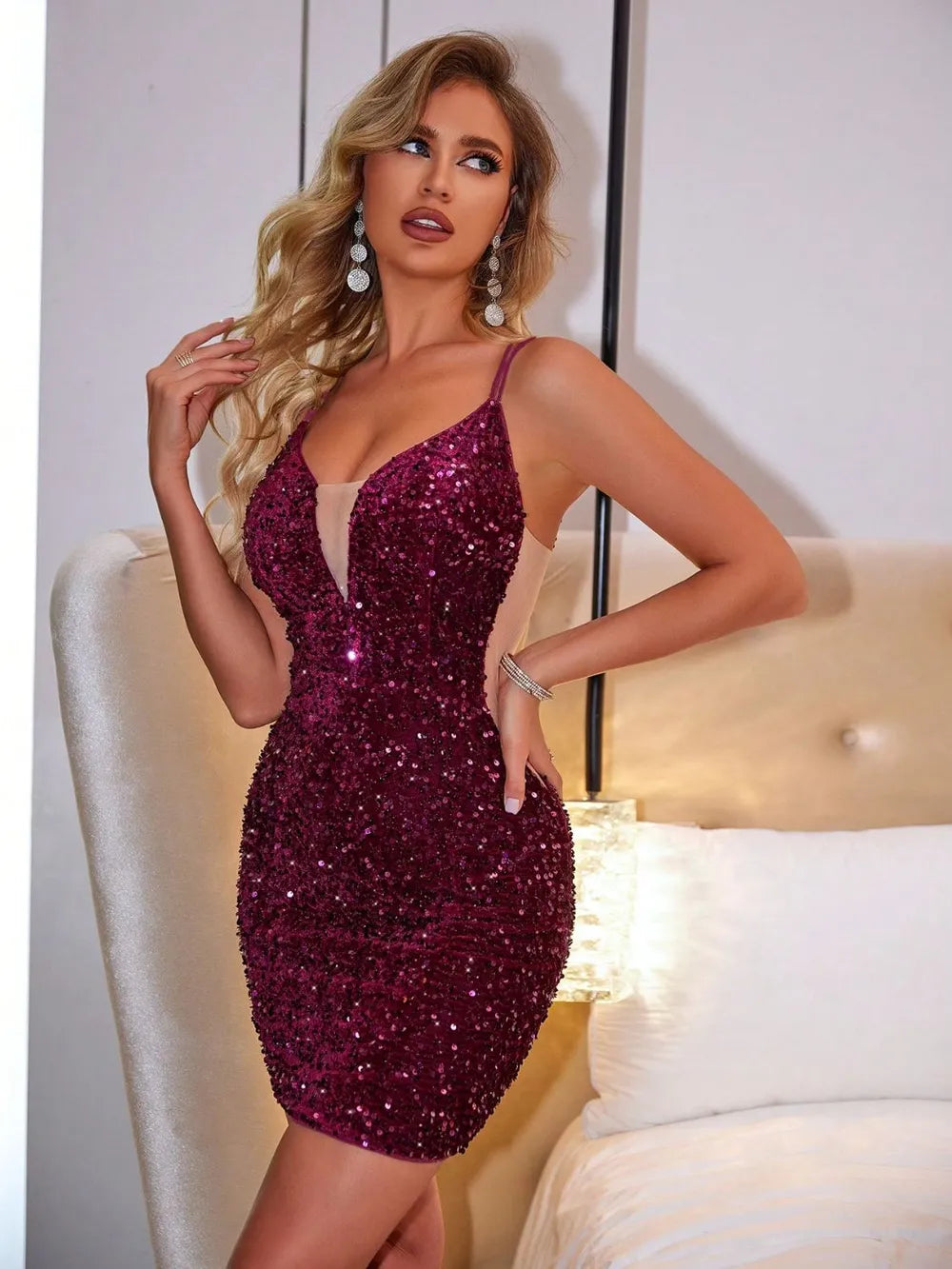 Lace-Up Sequin Plunge Sleeveless Dress – Trendsi | ClozArt