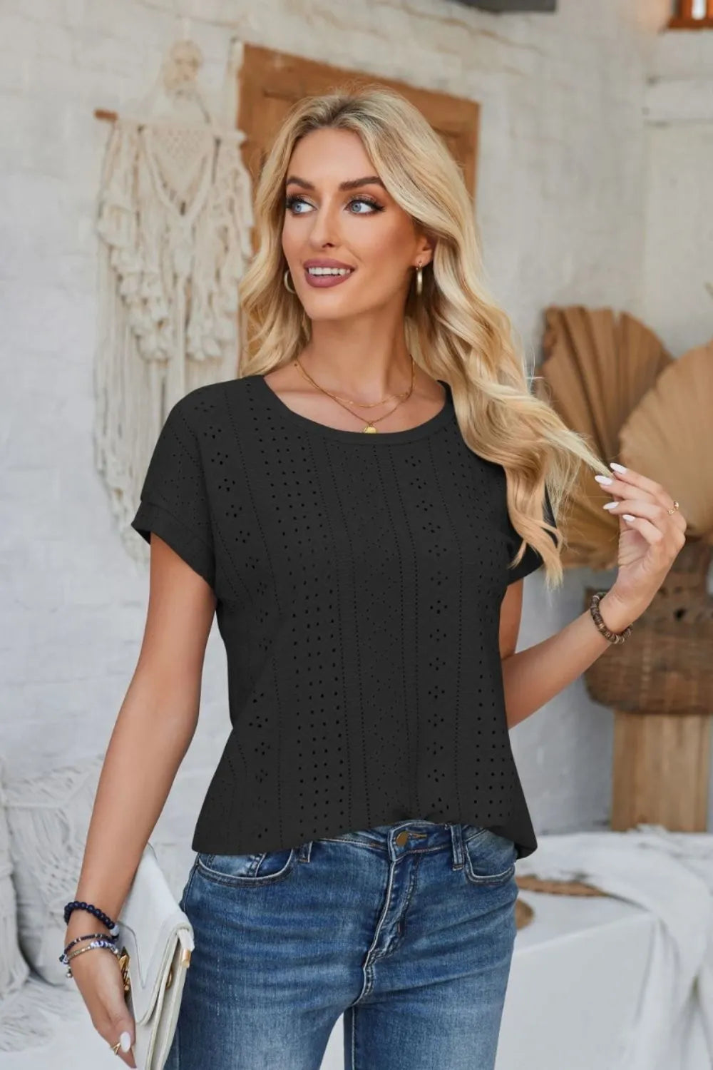 Eyelet Round Neck Rolled Short Sleeve T-Shirt – Trendsi | ClozArt