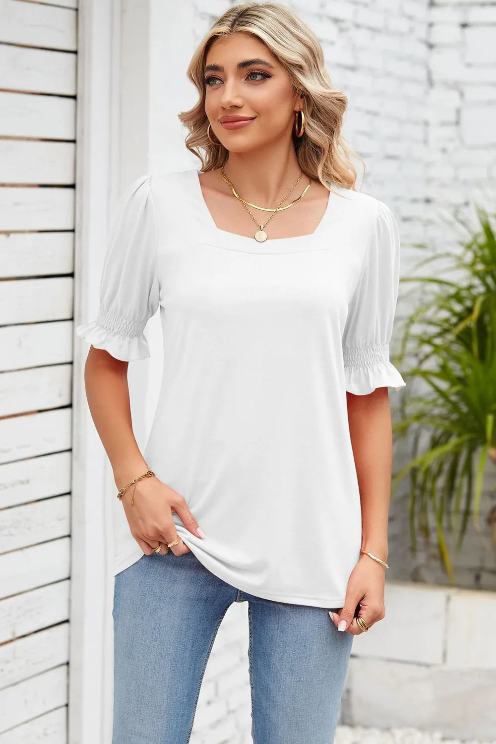 Smocked Square Neck Short Sleeve T-Shirt – Trendsi | ClozArt