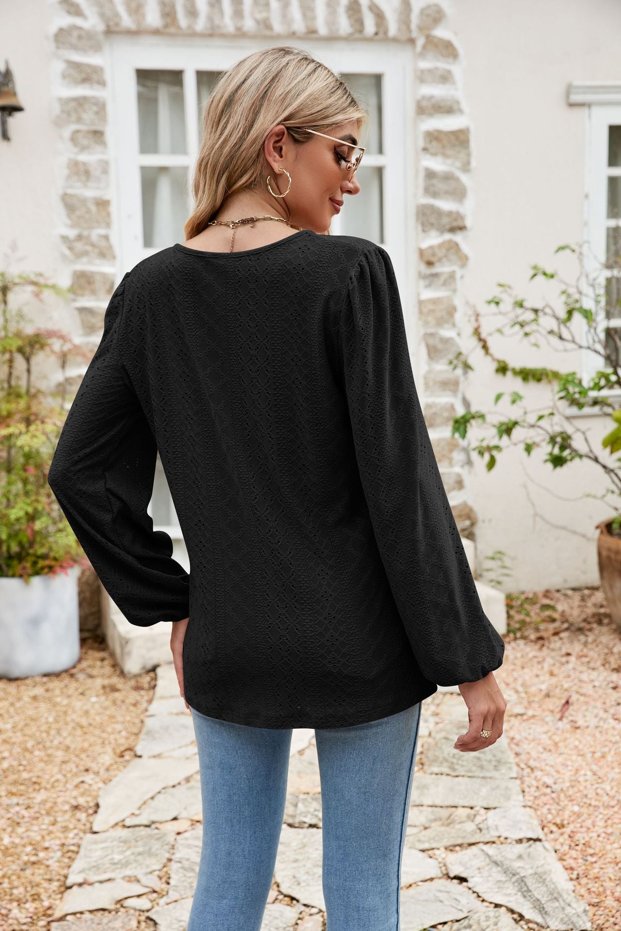 Eyelet Notched Neck Balloon Sleeve Blouse – Trendsi | ClozArt
