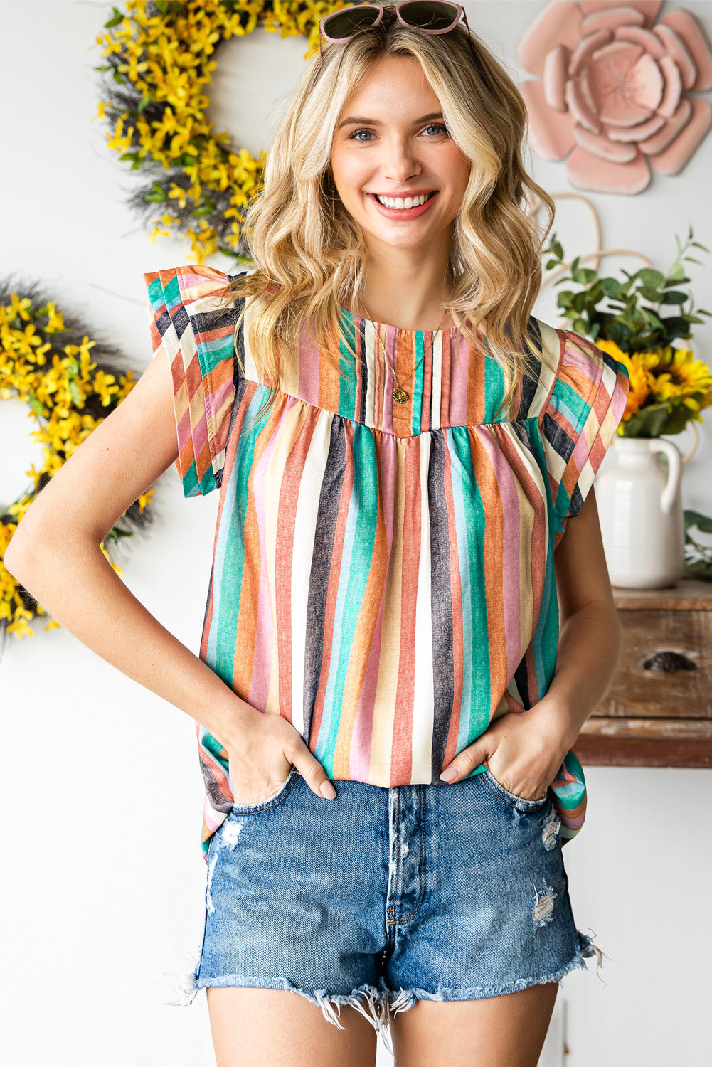 Multicolored Stripe Flutter Sleeve Blouse – Trendsi | ClozArt