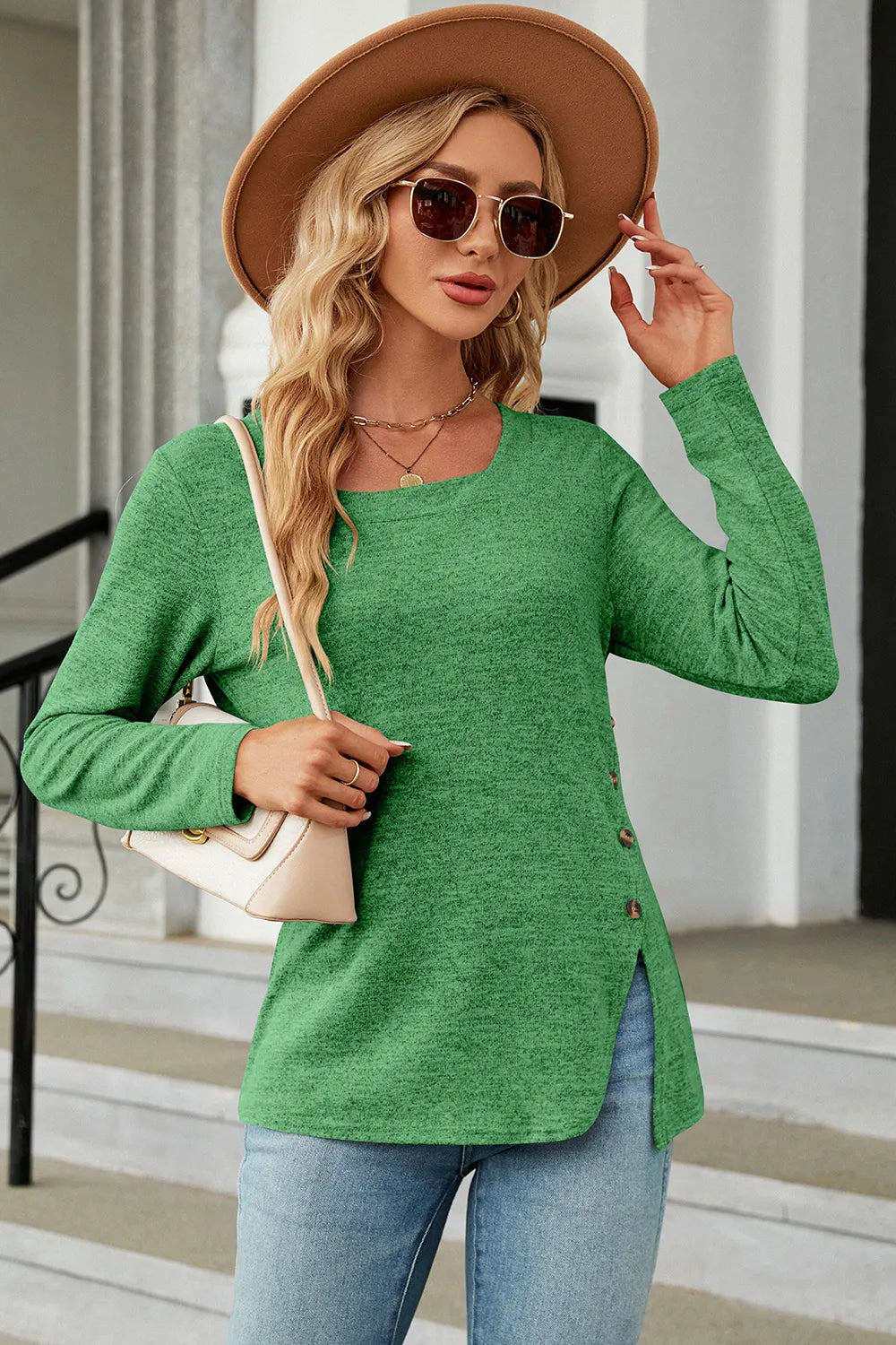 Slit Decorative Button Square Neck T-Shirt – Trendsi | ClozArt