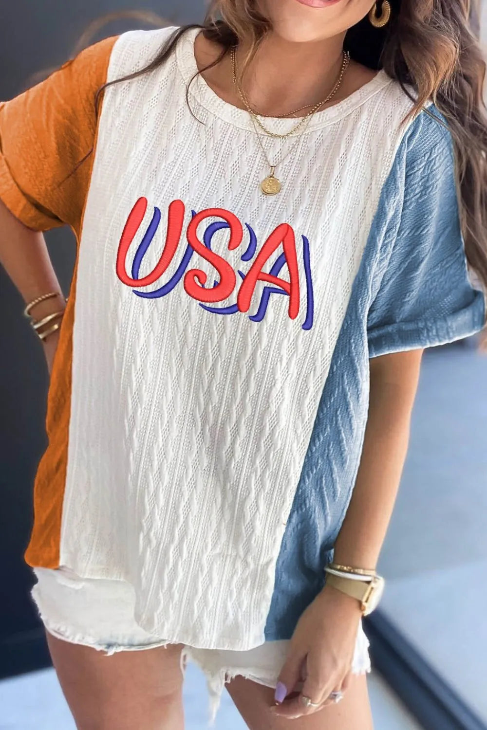 USA Embroidered Cable Textured Knit Cuffed Sleeve Color Block Tee – Trendsi | ClozArt