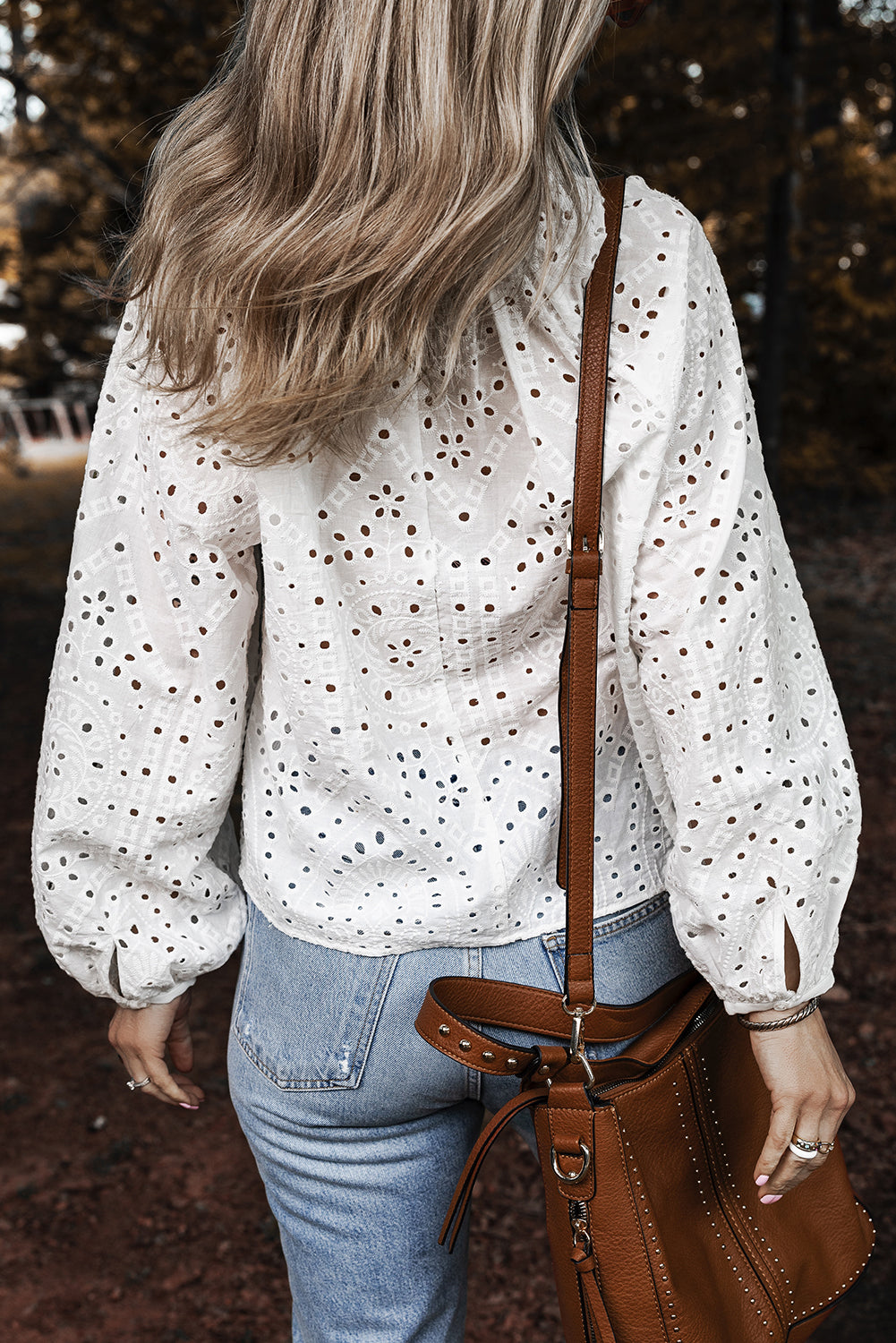 White Eyelet Embroidered Puff Sleeve V Neck Blouse – Shewin | ClozArt