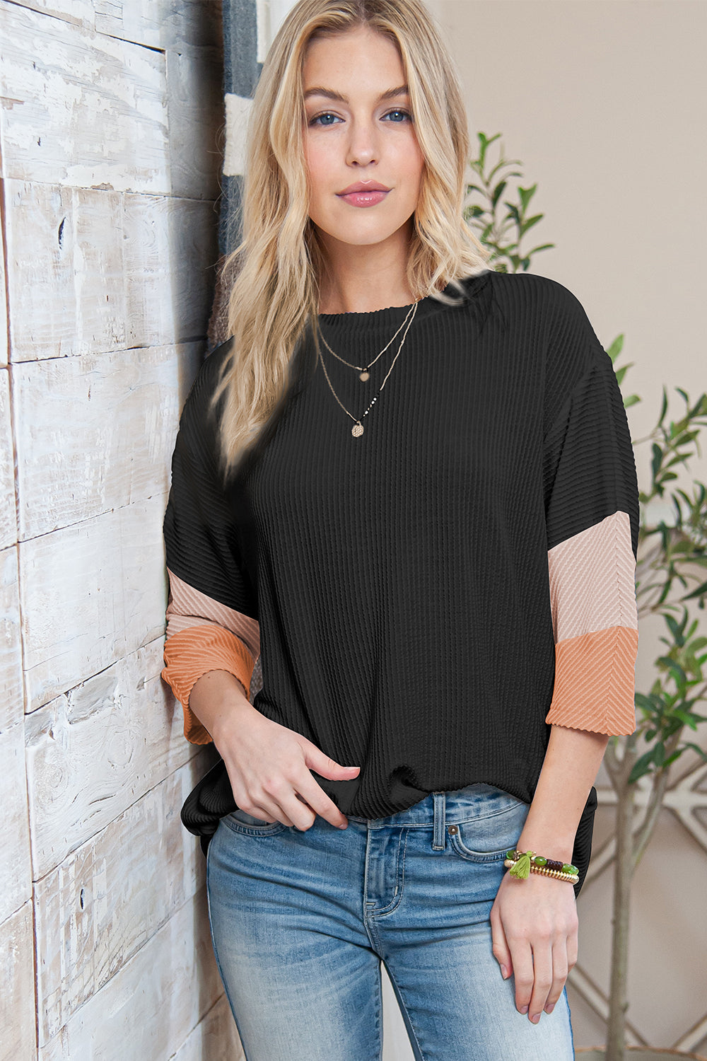 Carbon Grey Ribbed Colorblock Drop Sleeve Top – Shewin | ClozArt
