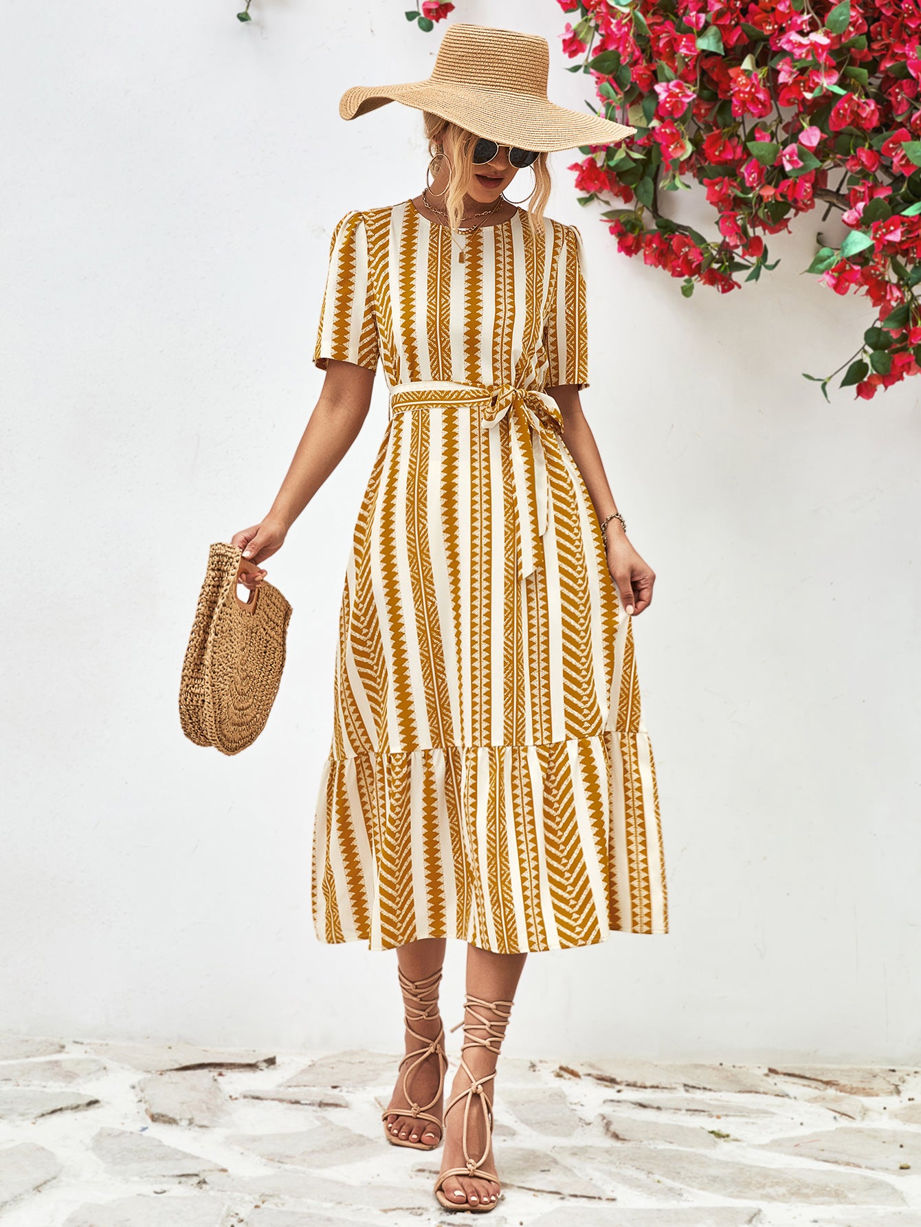 Striped Tie Belt Round Neck Puff Sleeve Dress – Trendsi | ClozArt