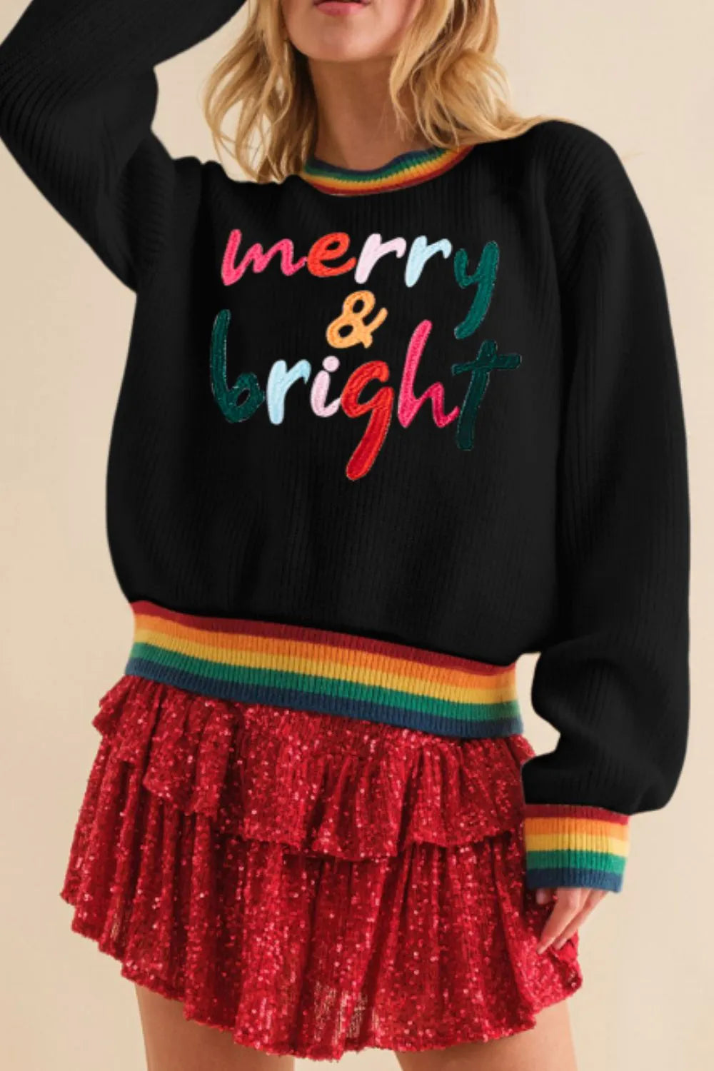 MERRY & BRIGHT Ribbed Round Neck Sweater – Trendsi | ClozArt