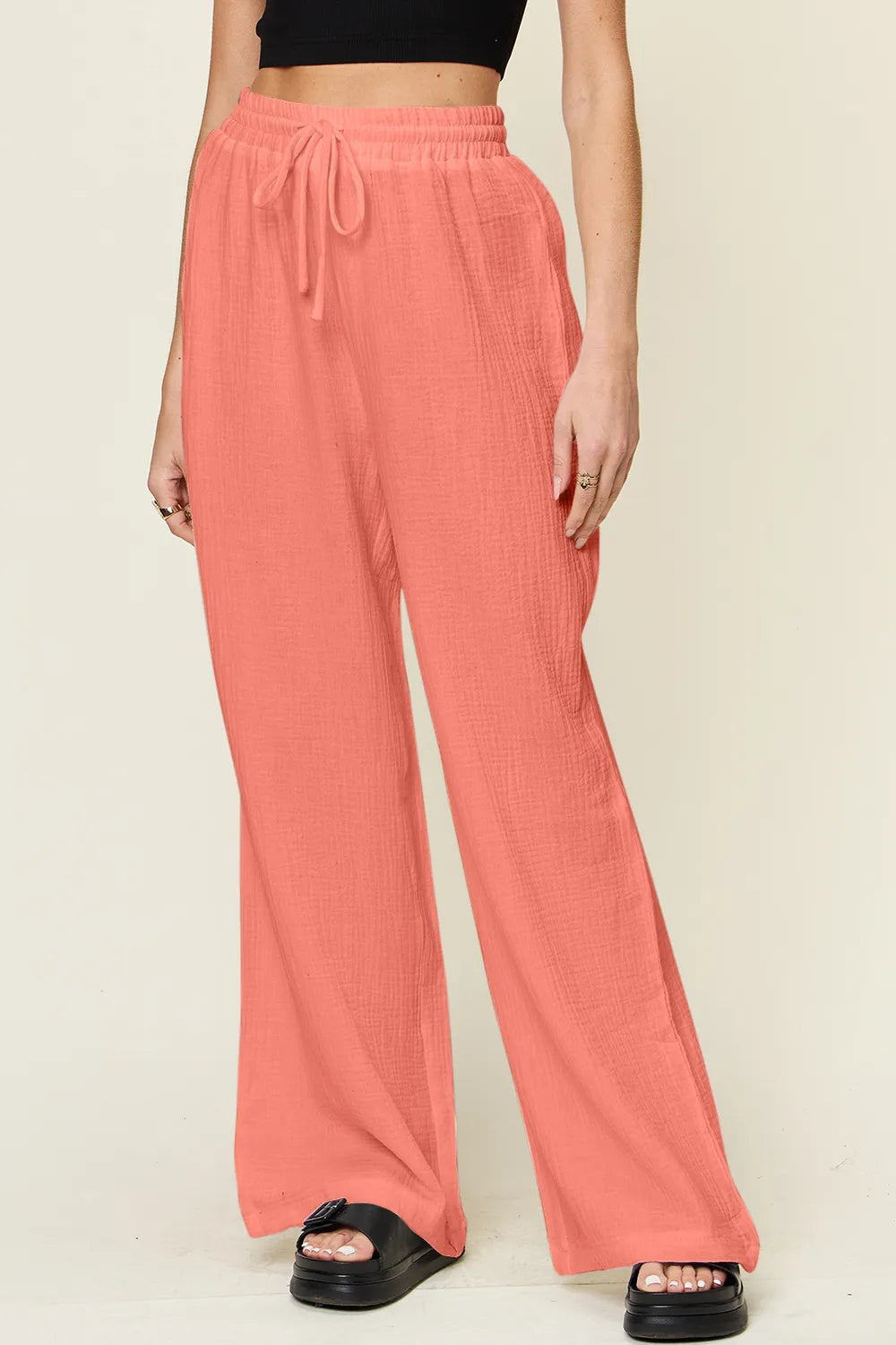 Double Take Full Size Texture Drawstring Wide Leg Pants – Trendsi | ClozArt