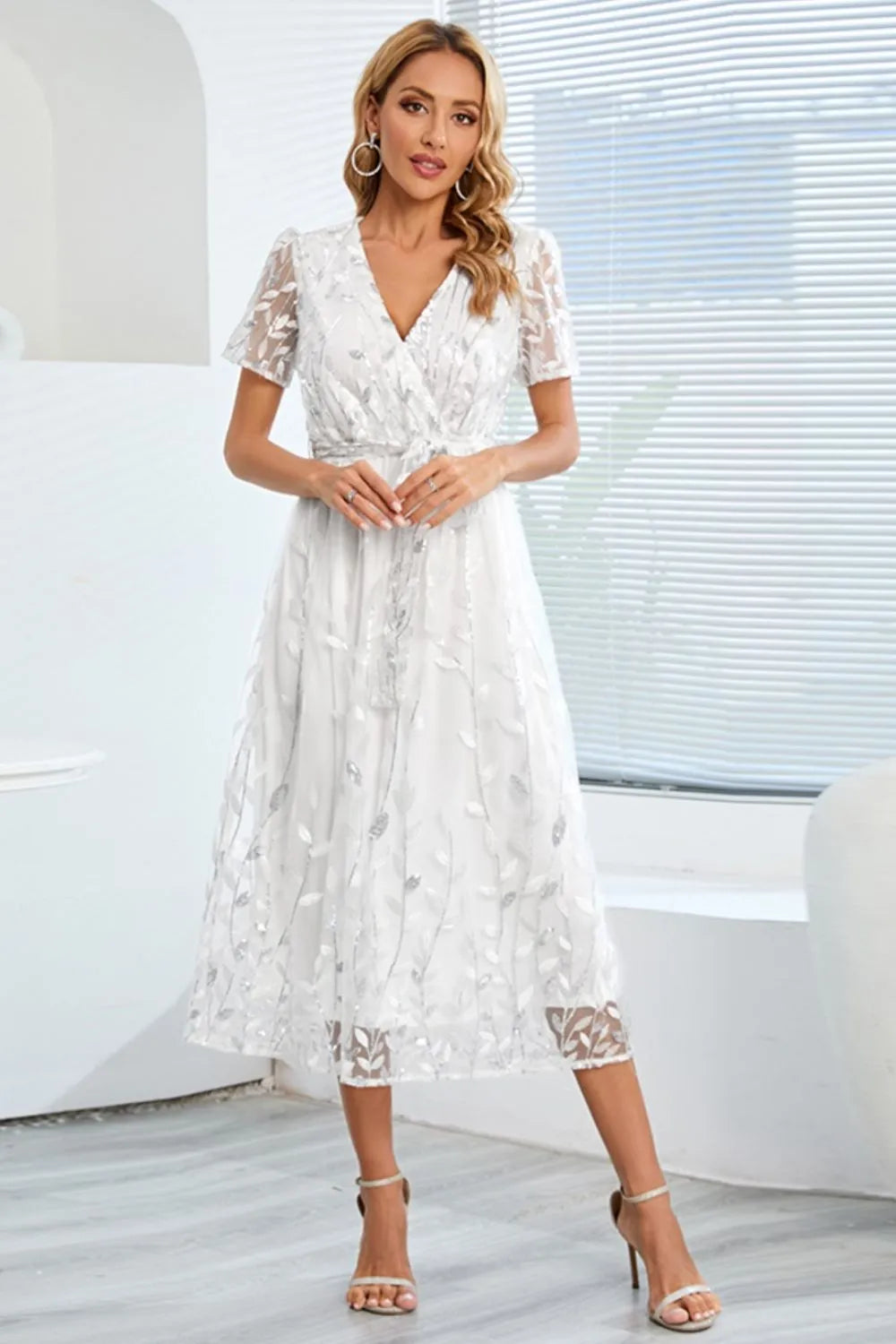 Sequin Leaf Embroidery Tie Front Short Sleeve Dress – Trendsi | ClozArt