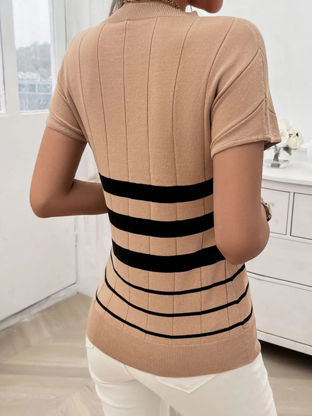 Devine Striped Round Neck Short Sleeve Knit Top – Trendsi | ClozArt
