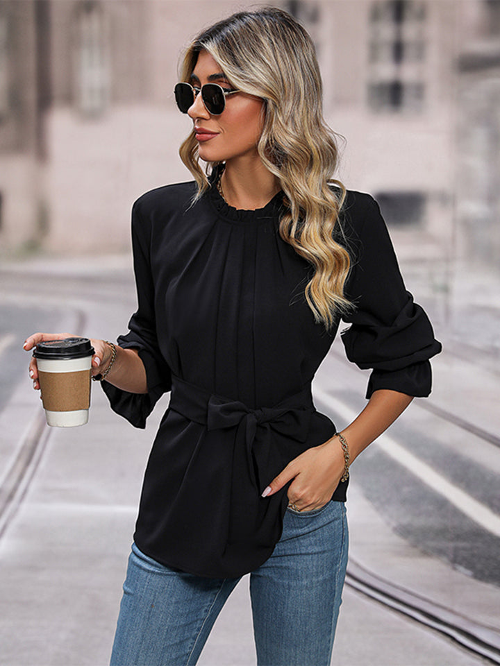 Perfee Round Neck Tie Waist Long Sleeve Blouse – Trendsi | ClozArt