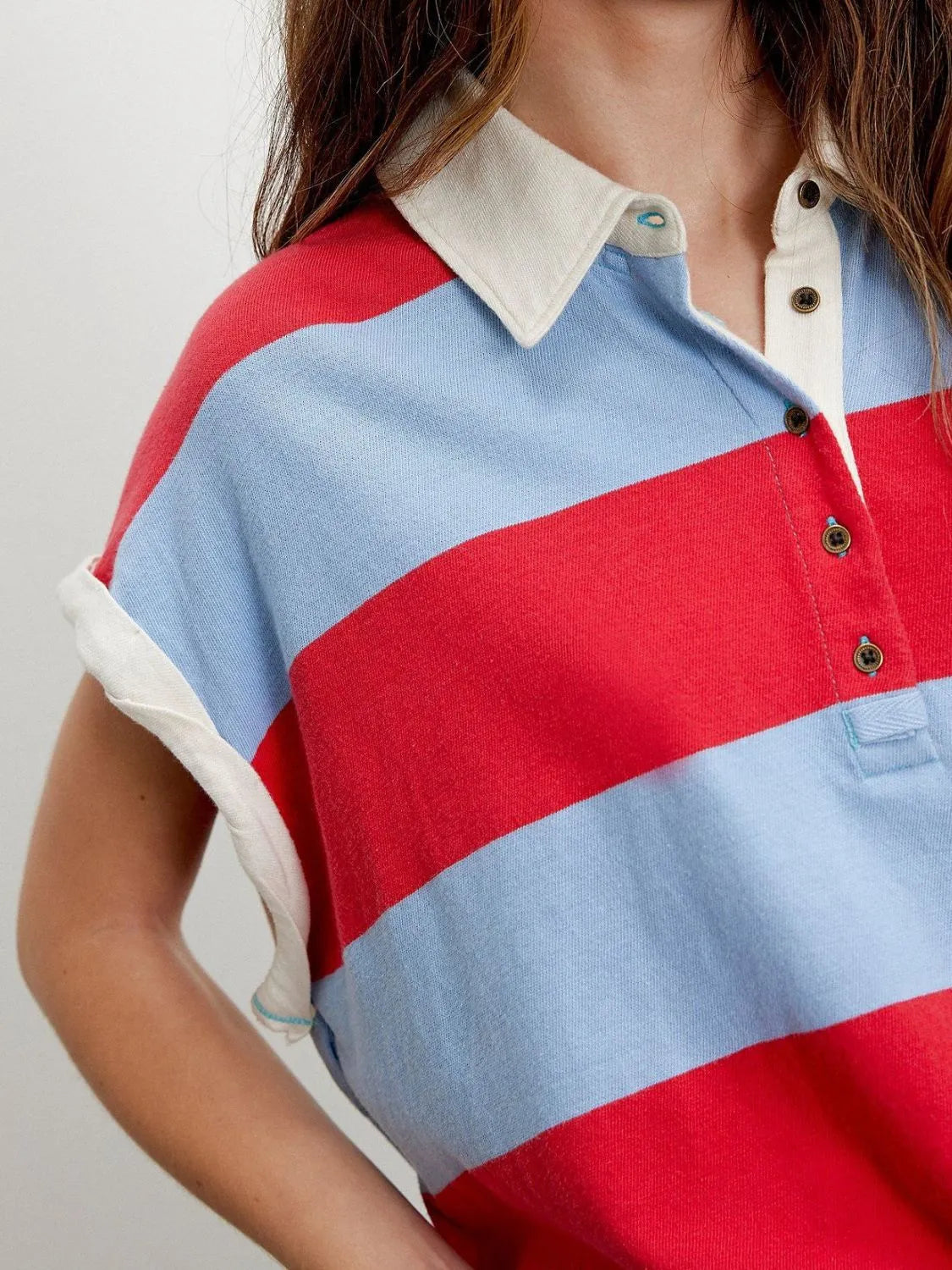 Striped Collared Neck Short Sleeve Top – Trendsi | ClozArt