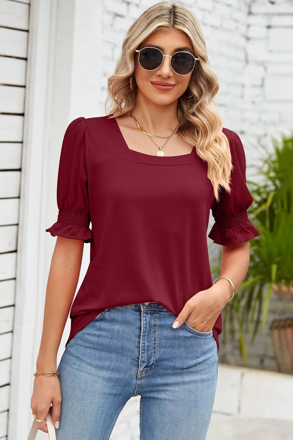 Smocked Square Neck Short Sleeve T-Shirt – Trendsi | ClozArt