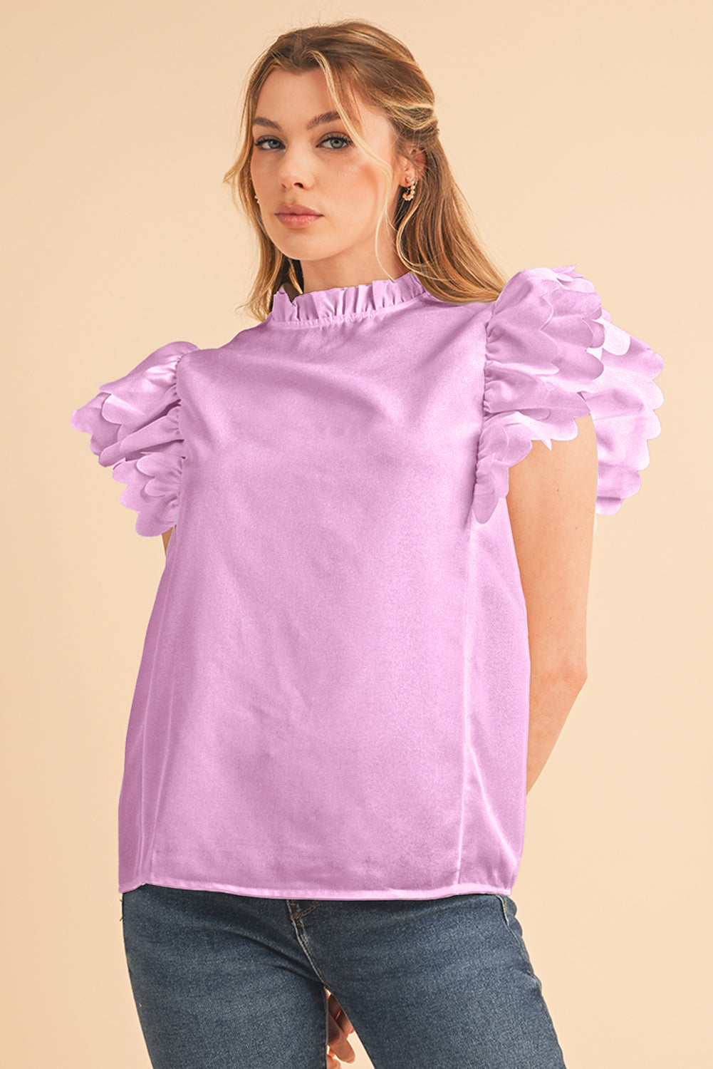 Bright Pink Solid Scalloped Ruffle Sleeve Blouse – Shewin | ClozArt