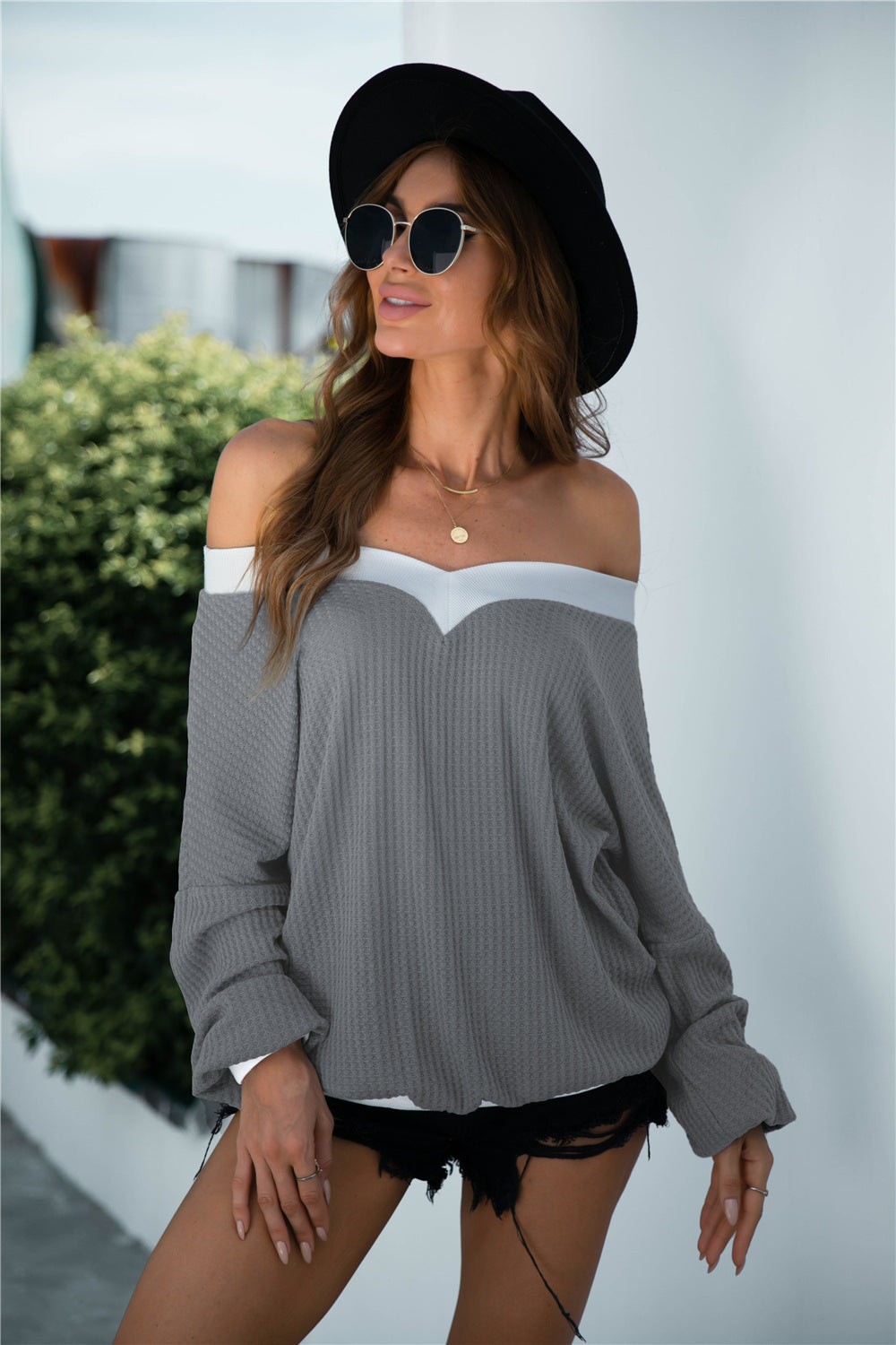Off-Shoulder Waffle-Knit Dropped Shoulder Blouse – Trendsi | ClozArt
