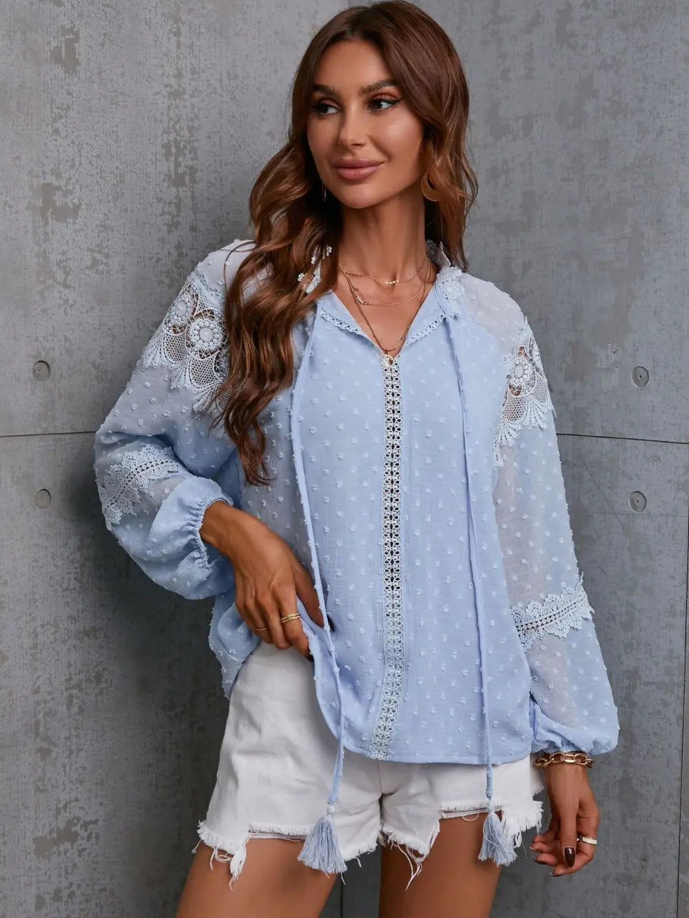 Crochet Tassel Tie Neck Long Sleeve Blouse – Trendsi | ClozArt