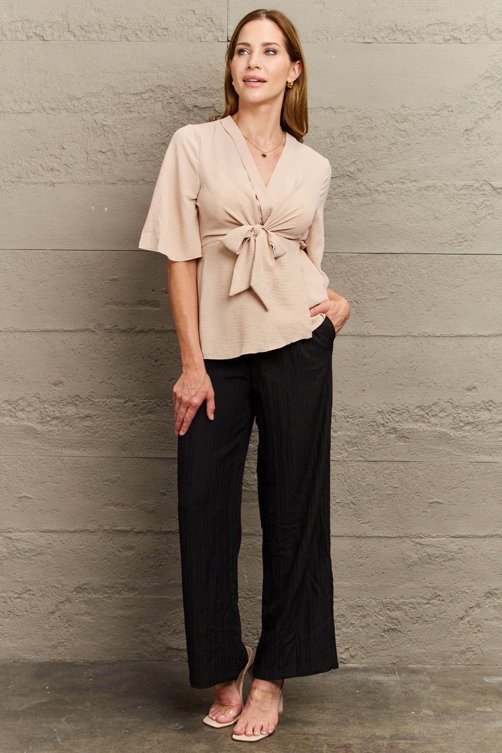 Perfee V-Neck Tie Front Half Sleeve Blouse – Trendsi | ClozArt