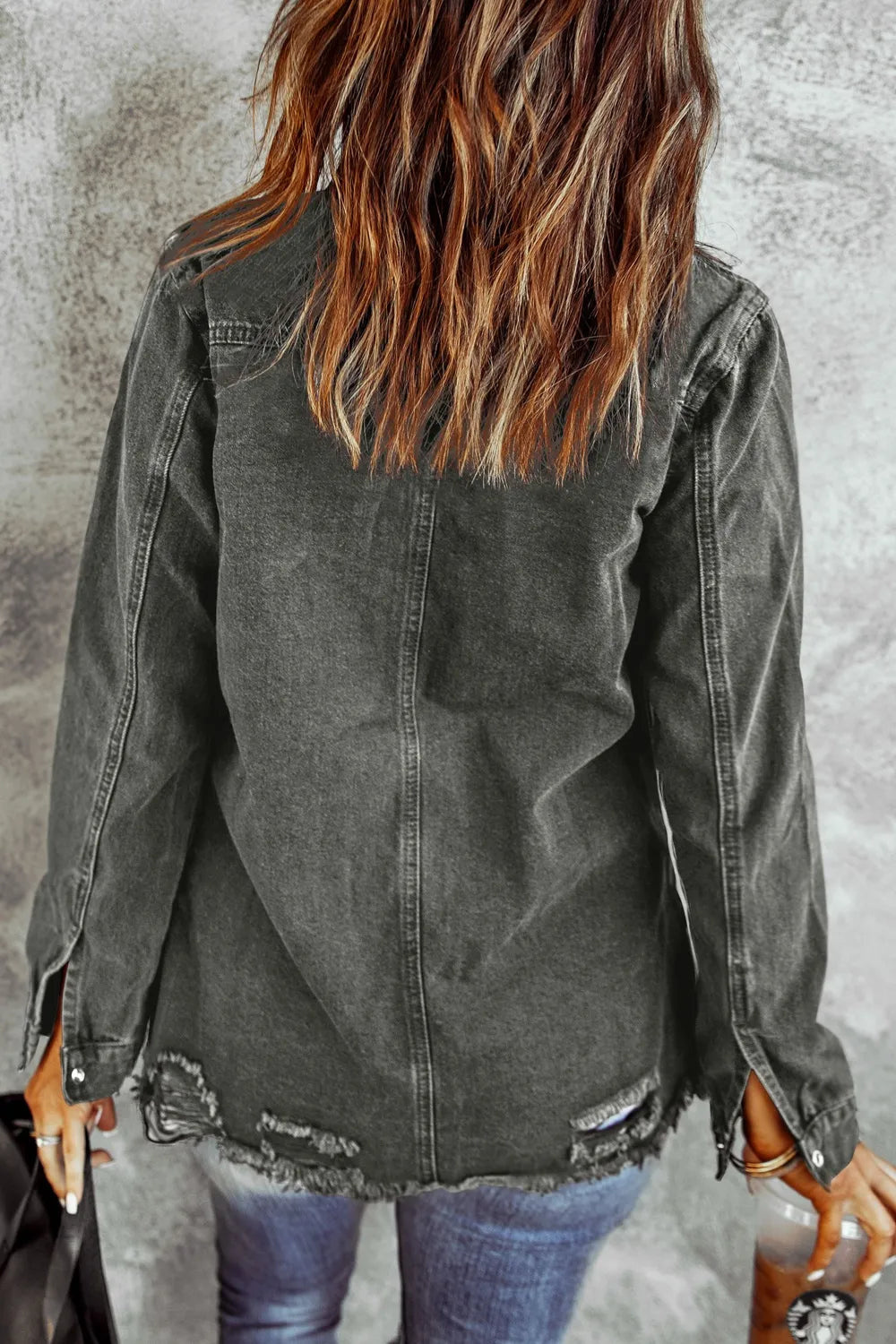 Distressed Raw Hem Snap Down Denim Jacket – Trendsi | ClozArt