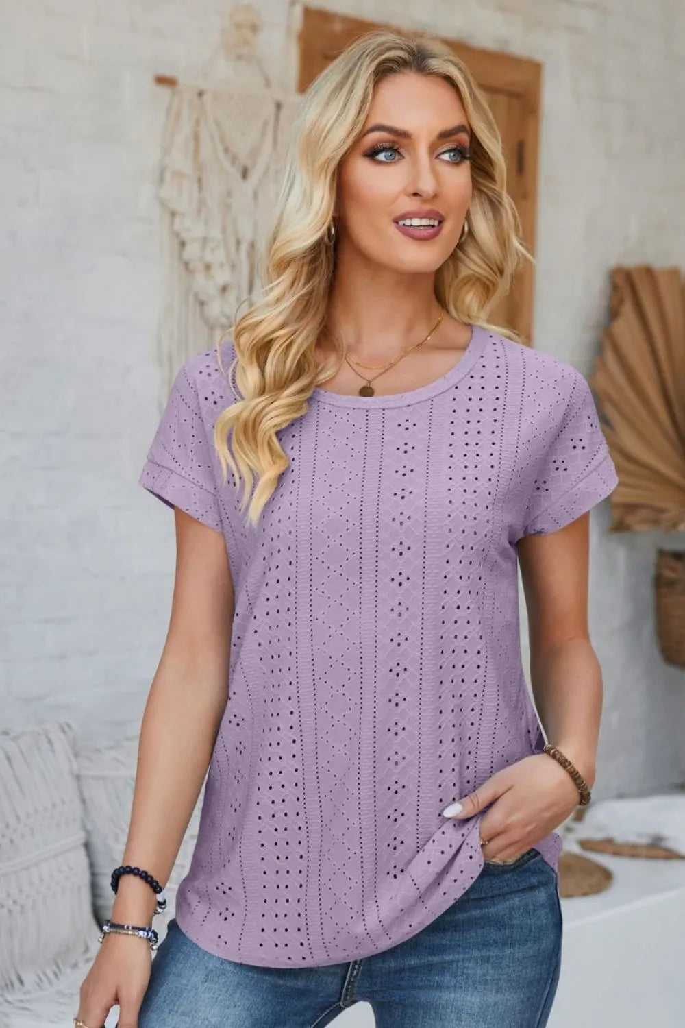 Eyelet Round Neck Rolled Short Sleeve T-Shirt – Trendsi | ClozArt