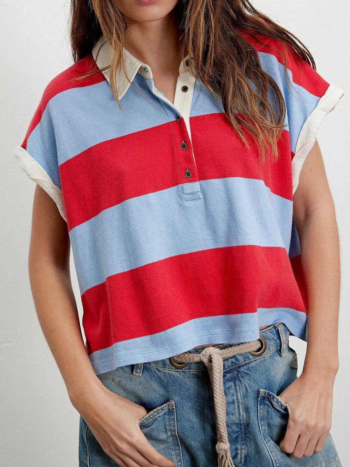 Striped Collared Neck Short Sleeve Top – Trendsi | ClozArt
