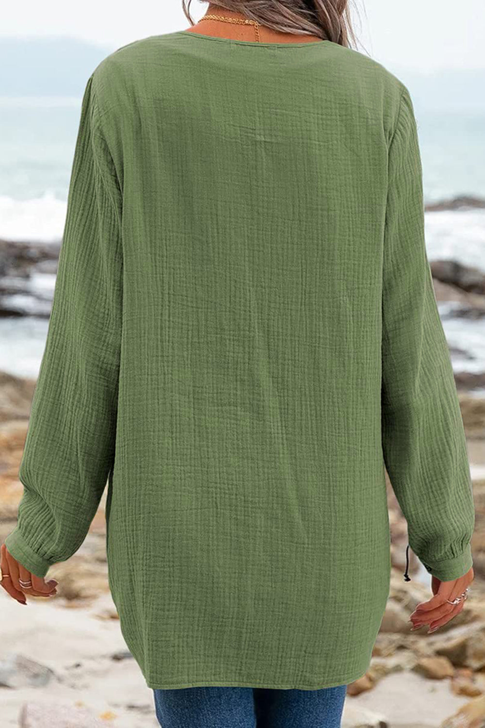 Ruched Long Sleeve Tie Neck T-Shirt – Trendsi | ClozArt