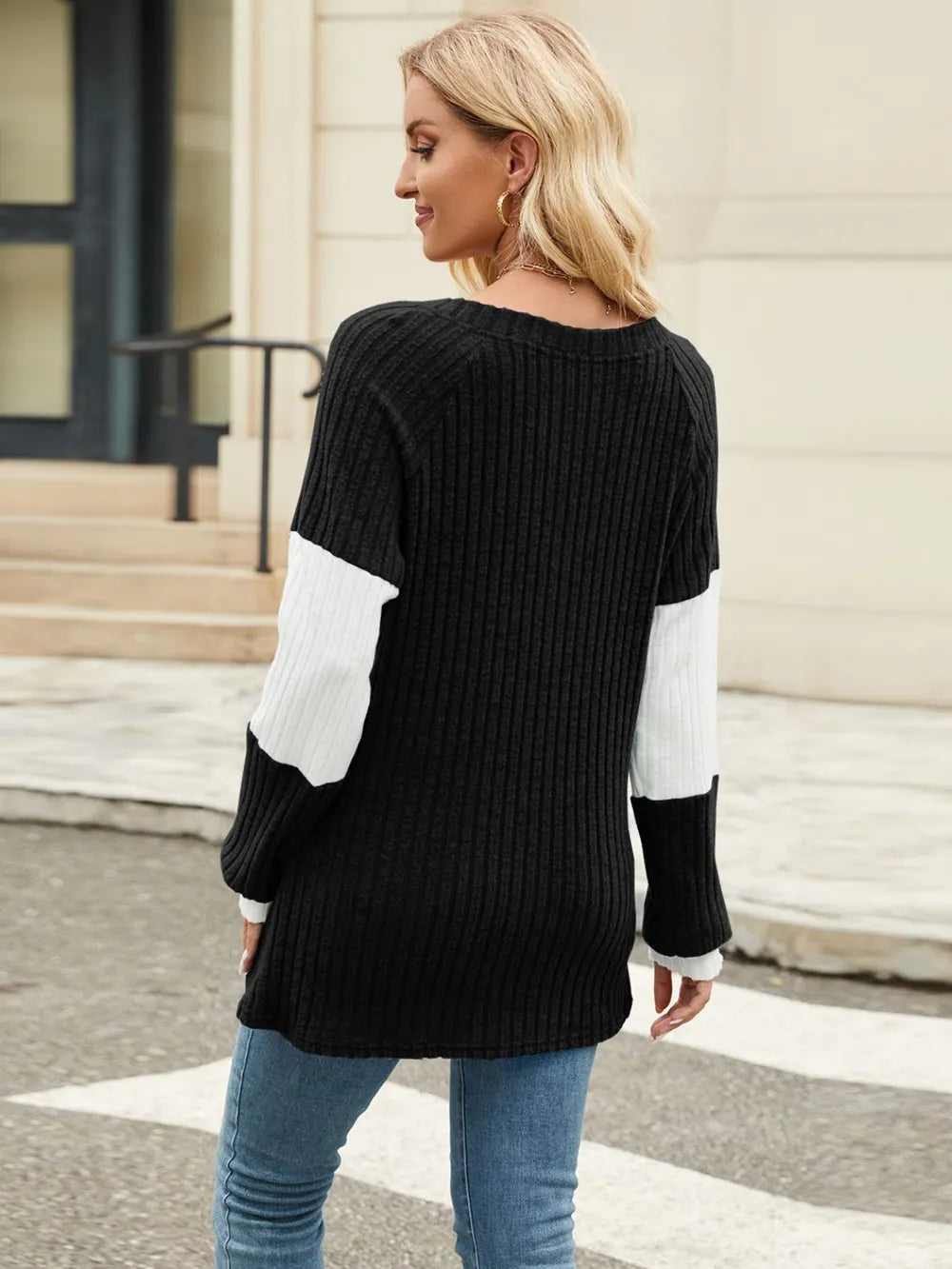 Color Block V-Neck Long Sleeve T-Shirt – Trendsi | ClozArt