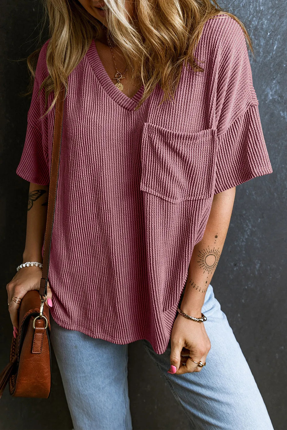 Textured V-Neck Dropped Shoulder T-Shirt – Trendsi | ClozArt