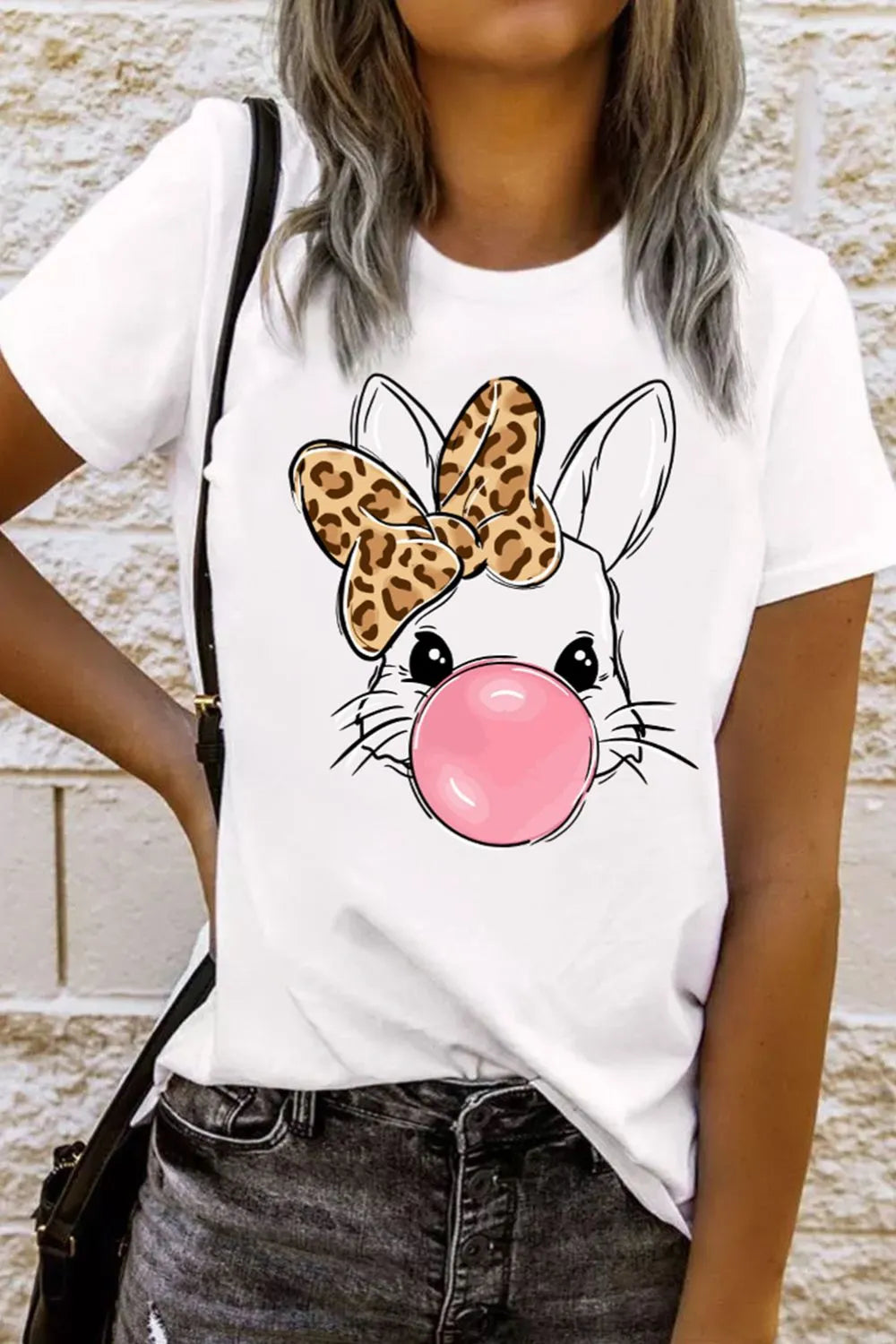 Leopard Bow Rabbit Graphic Round Neck Short Sleeve T-Shirt – Trendsi | ClozArt
