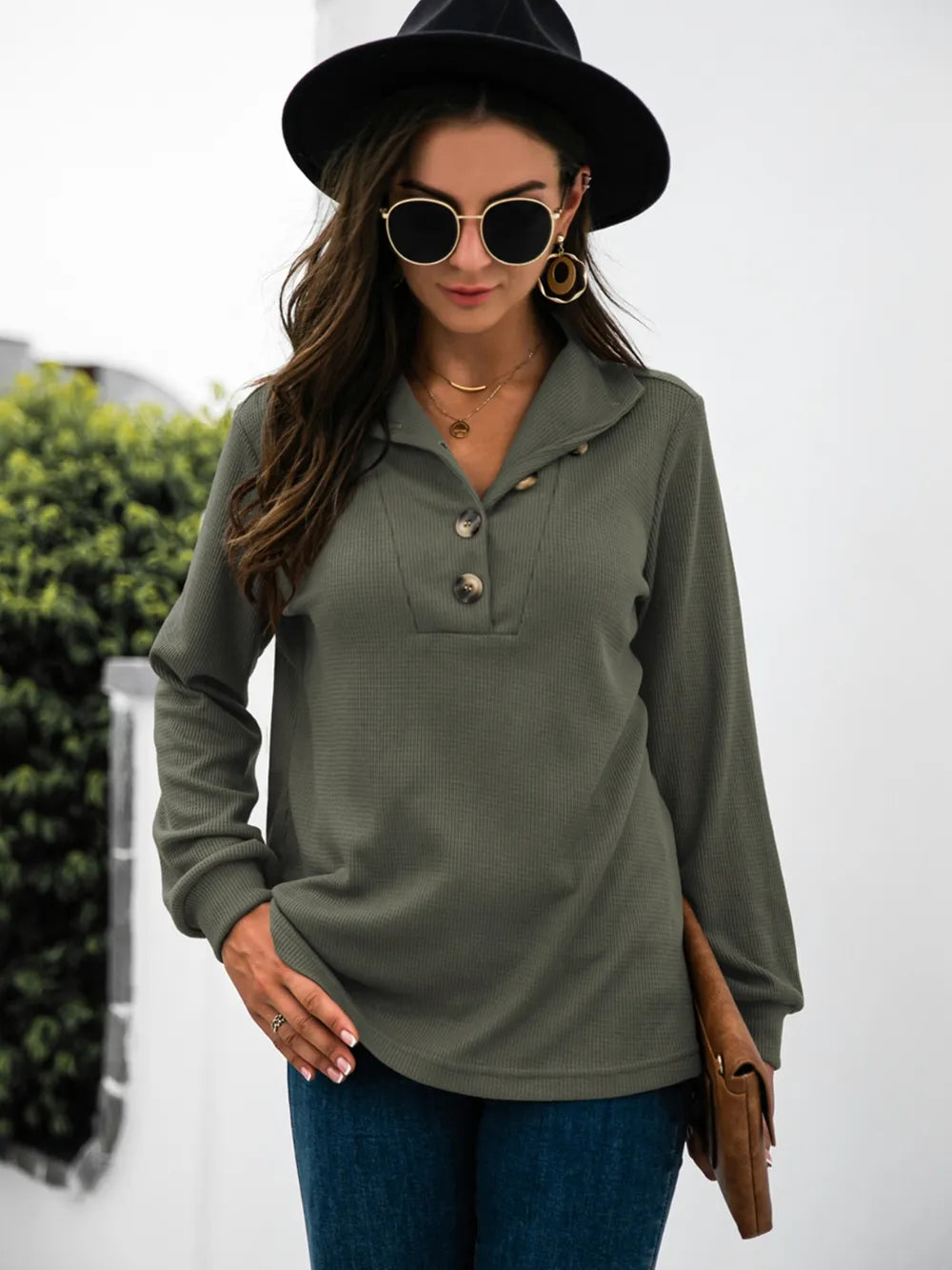 Half Button Long Sleeve T-Shirt – Trendsi | ClozArt