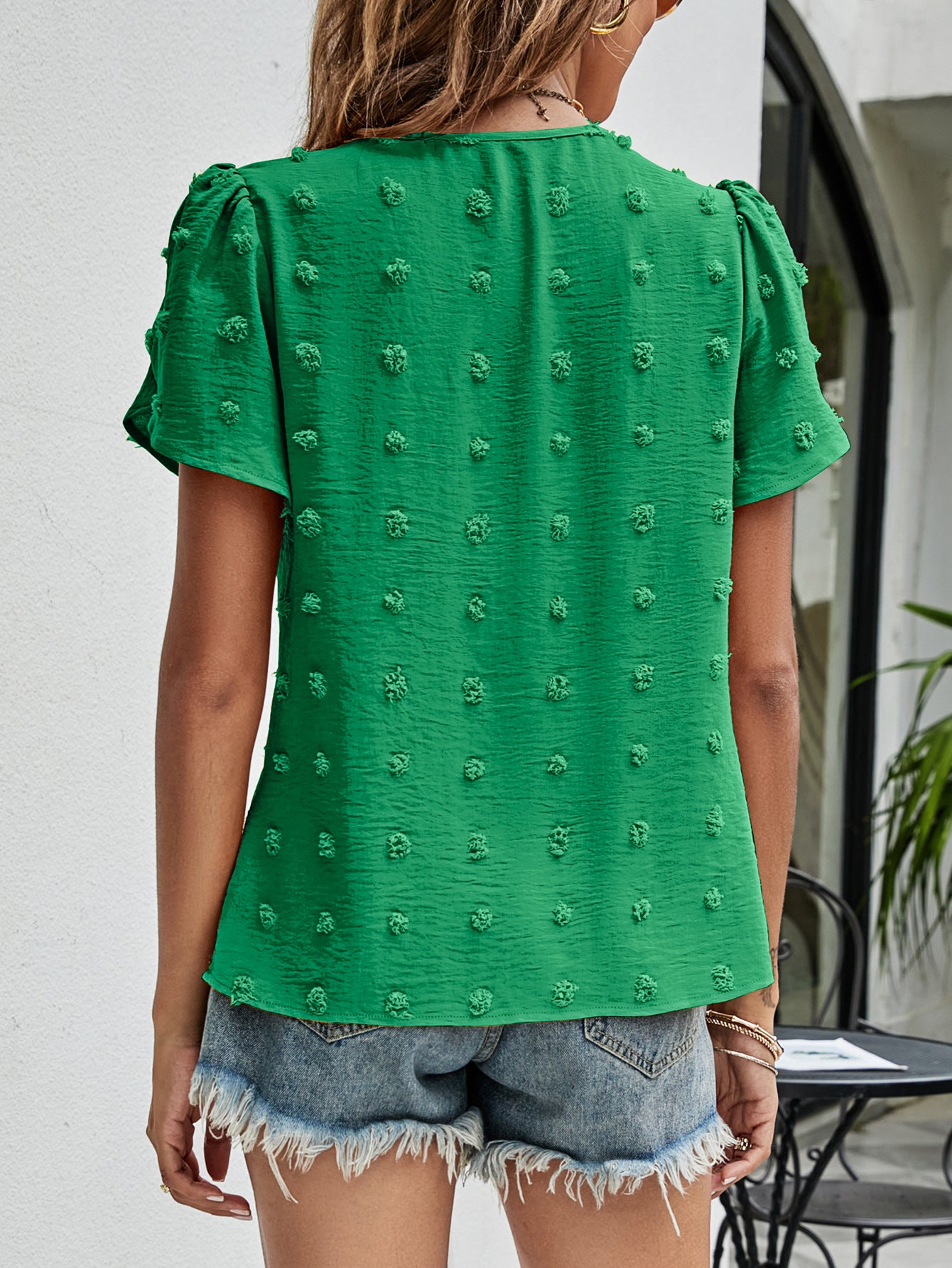 Swiss Dot Round Neck Petal Sleeve Top – Trendsi | ClozArt
