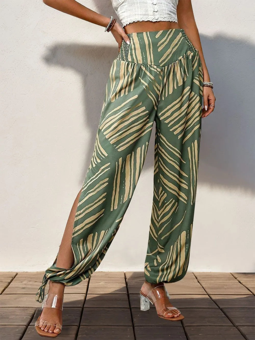 Perfee Smocked Slit Printed High Waist Pants – Trendsi | ClozArt